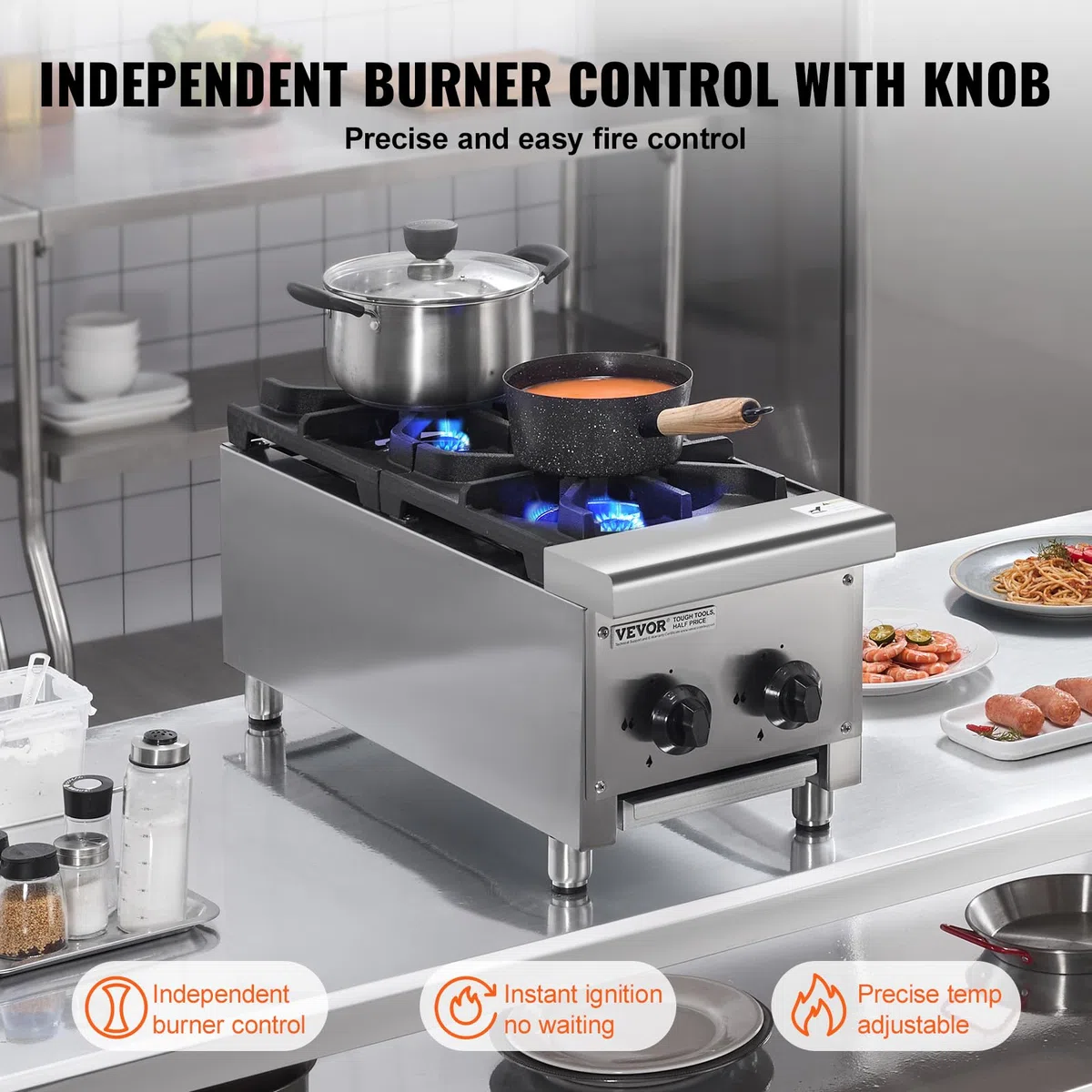 VEVOR Cuisinière à Gaz Commerciale avec 2 Brûleurs, Plaque de Cuisson de Comptoir au Propane et au Gaz Naturel, 14 kW, en Acier Inoxydable, Équipement de Cuisson Commercial pour Restaurant Domicile