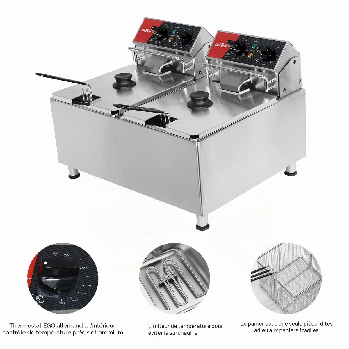 crosson Friteuse électrique CROSSON 16 L à double réservoir avec tête de friteuse rotative, minuterie de 30 minutes, thermostat EGO, friteuse de comptoir pour usage commercial
