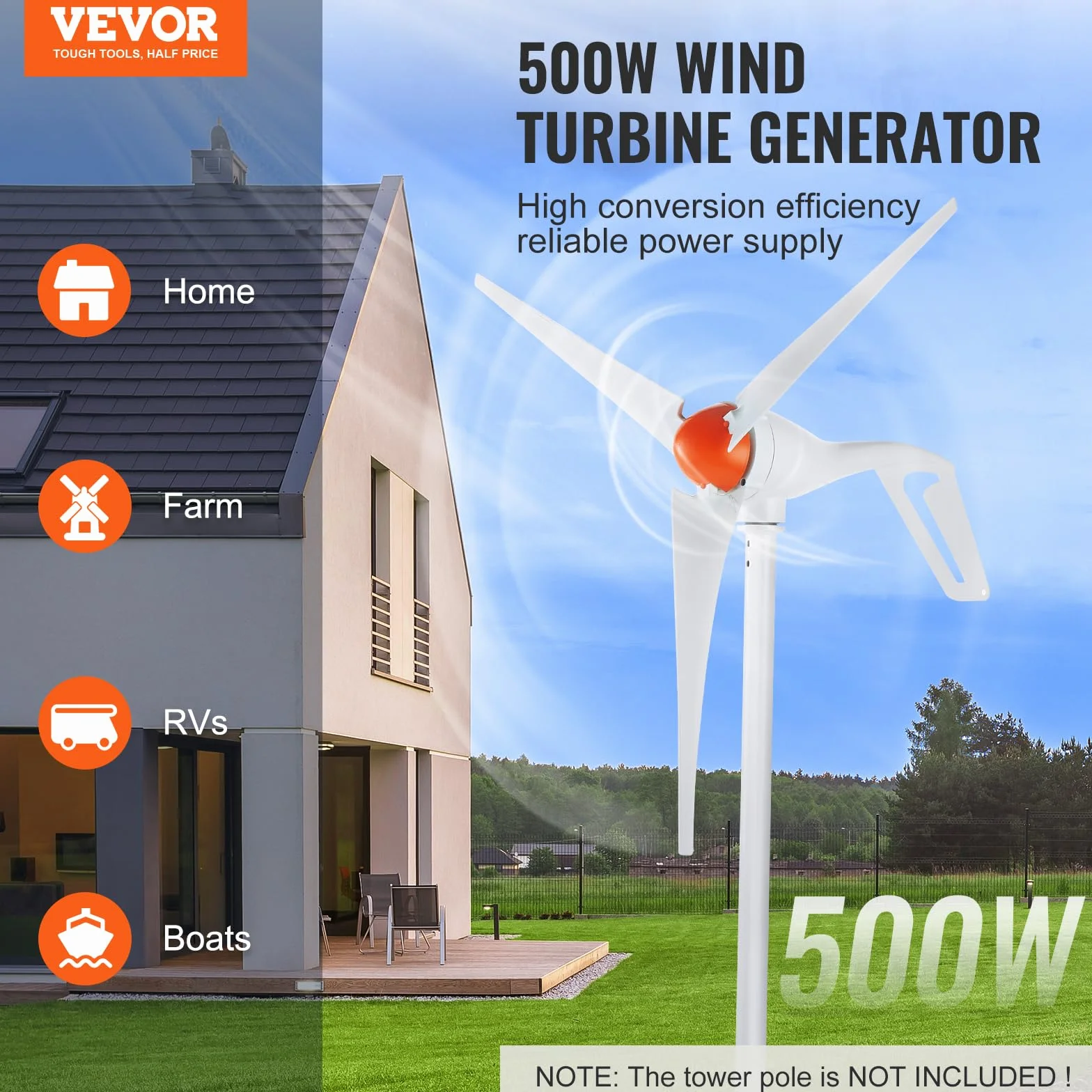 VEVOR Générateur d'éolienne 500 W, kit d'éolienne 24 V, générateur d'énergie éolienne à 3 pales avec contrôleur MPPT, direction du vent réglable et vitesse de démarrage du vent de 2,5 m/s