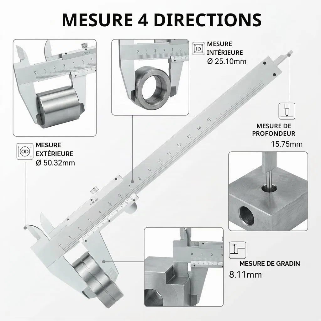Pied à Coulisse 0-150mm Précision 0,02mm en Acier Inoxydable Vernier Mécanique Outil de Mesure Professionnel pour Bricolage Industrie et Atelier Calibre à Coulisse avec Étui de Rangement Robuste