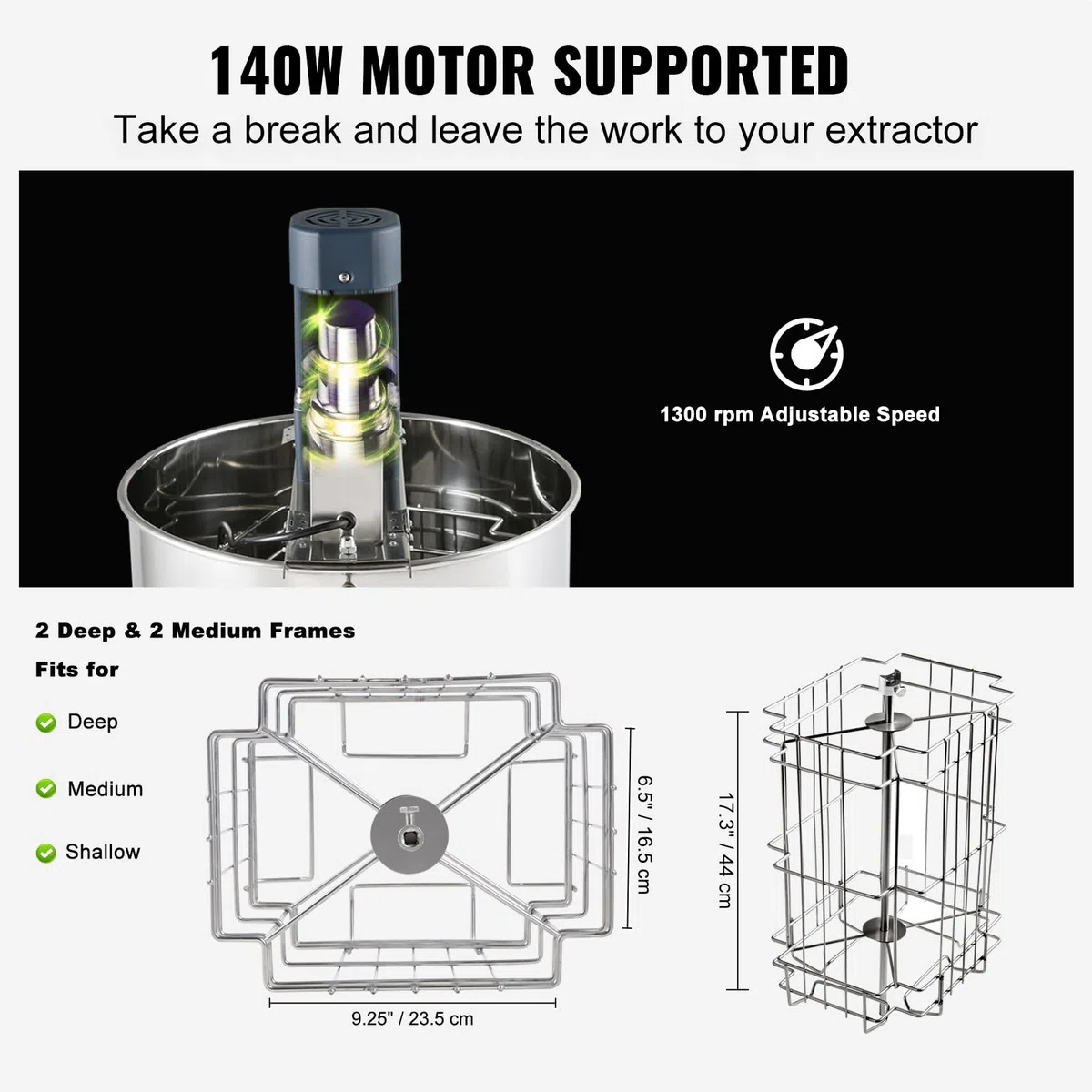 VEVOR Extracteur de Miel Électrique, 2/4 Cadres, Centrifugeuse Séparateur Miel 140 W Inox avec Couvercle Taille du Nid Abeilles Adaptée Profond 48x23 cm Moyen 48x16 cm Hauteur Réglable pour Apiculture