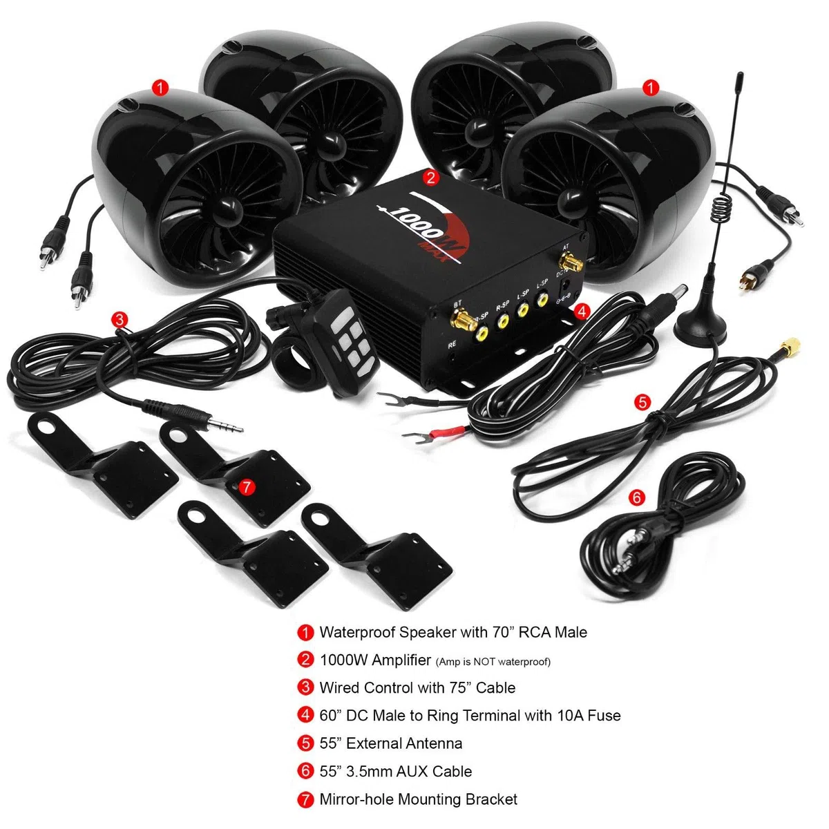 1000W Moto Amplificateur 4 Haut-parleurs Étanches Bluetooth Stéréo Audio Système AUX MP3 USB SD FM Radio pour Harley Touring Cruiser ATV UTV Scooter (Noir)