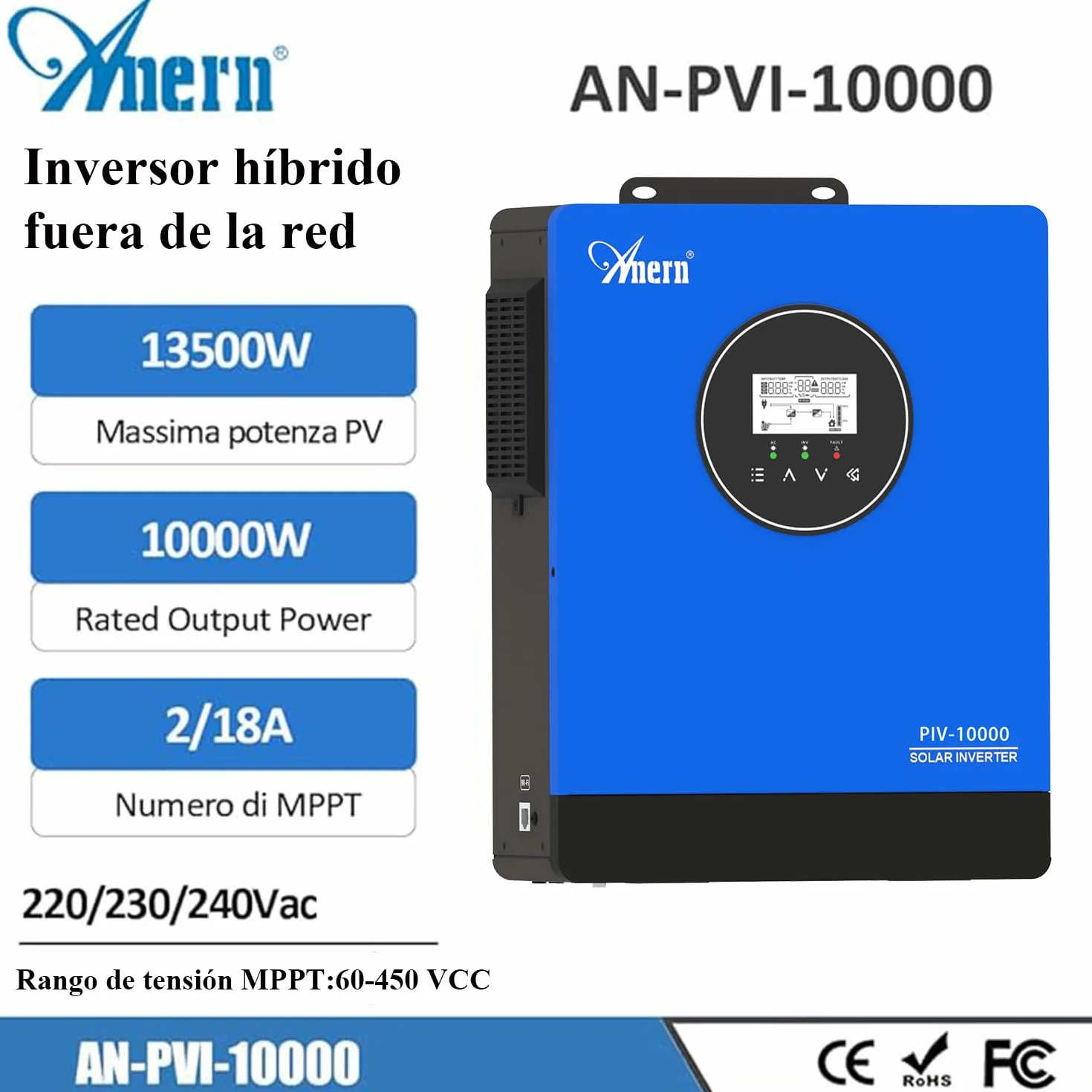 Anern Onduleur Solaire 10KW 220V-240V CA intégré 3 MPPT Fonction CT Inverseur,Impossible de Connecter la Batterie Fonctionne avec Moteur 1,5 P+3P ou Pompe à Eau,Tension MPPT 60-450VCC