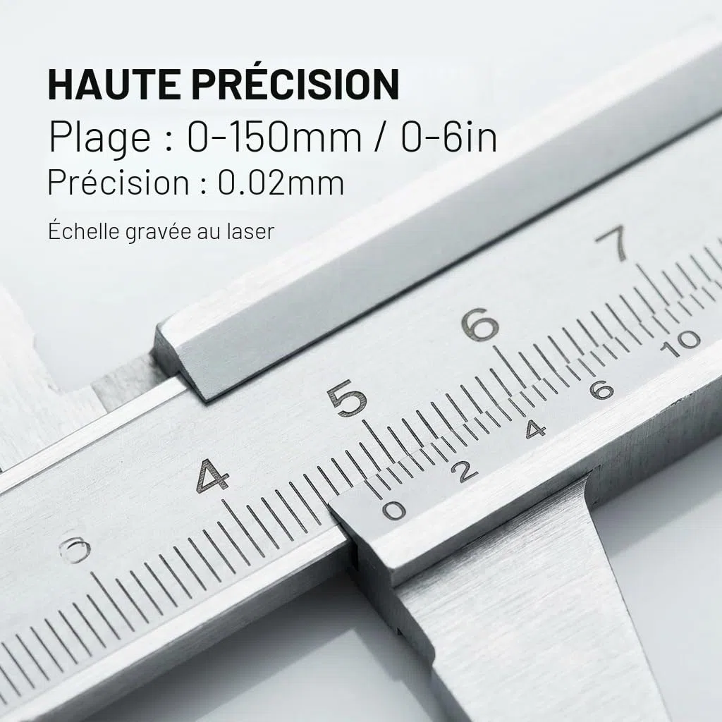 Pied à Coulisse 0-150mm Précision 0,02mm en Acier Inoxydable Vernier Mécanique Outil de Mesure Professionnel pour Bricolage Industrie et Atelier Calibre à Coulisse avec Étui de Rangement Robuste