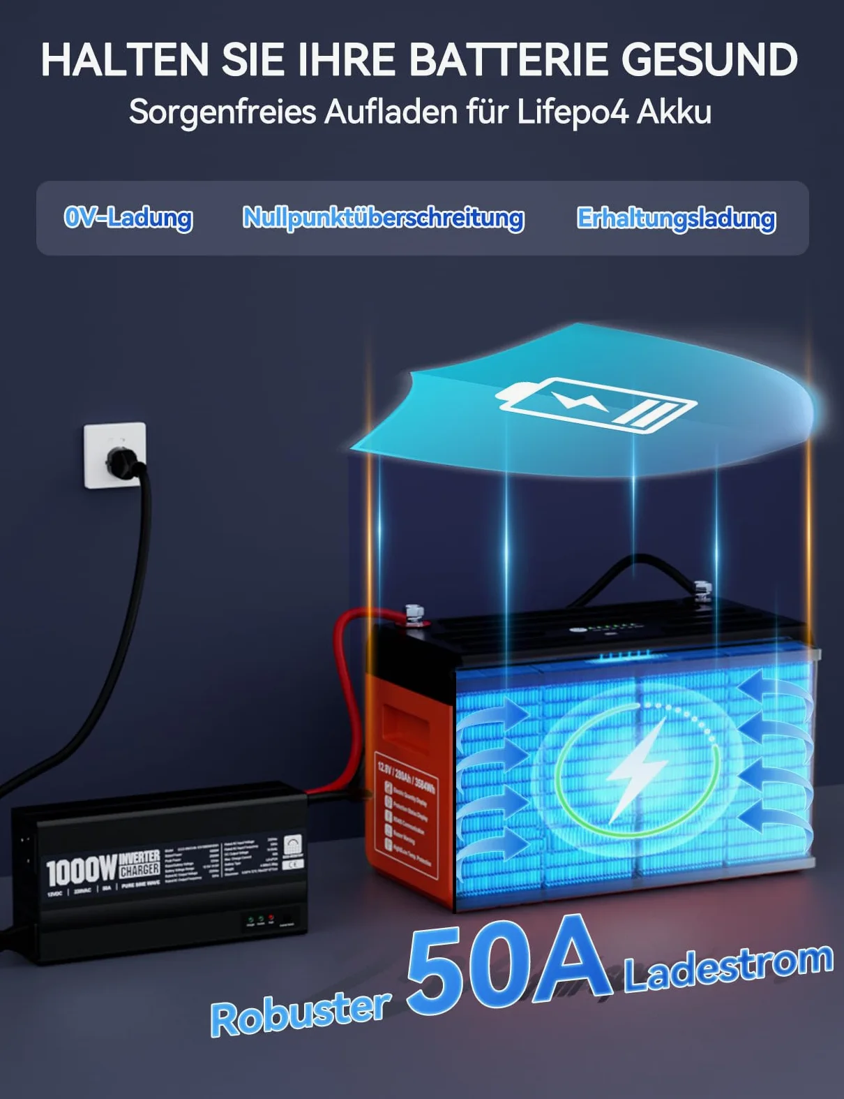 ECO-WORTHY 14,6V 50A Chargeur LiFePO4 avec convertisseur 1000W 12V à 230V, priorité au Secteur et Fonction UPS, pour Batterie LiFePO4 Deep Cycle, véhicule, Camion, Voiture