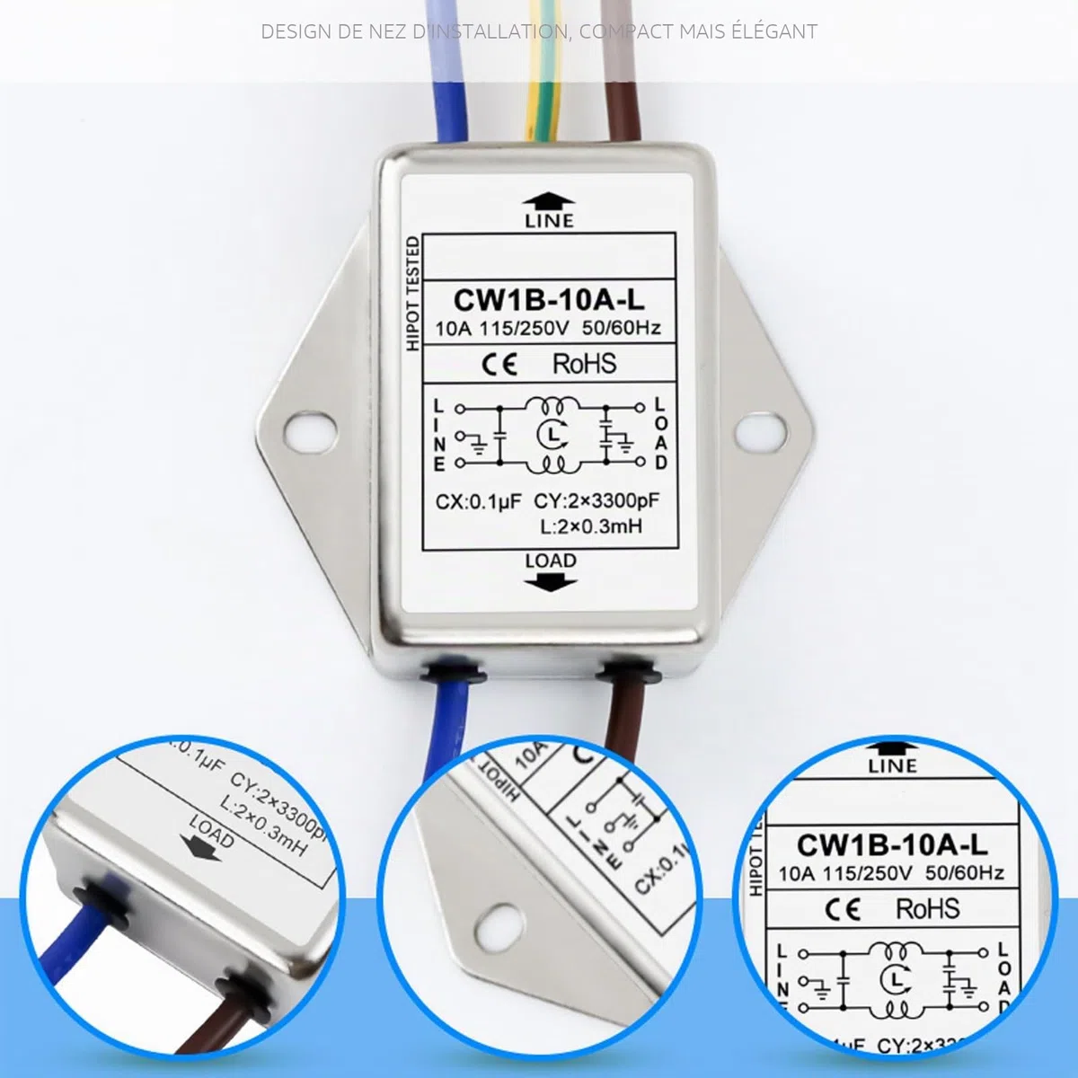 2 pièces de filtre EMI, CW1B-10A-L (040) filtre monophasé, 250 V filtres d'interférences électromagnétiques, pour la suppression des perturbations continues et intermittentes