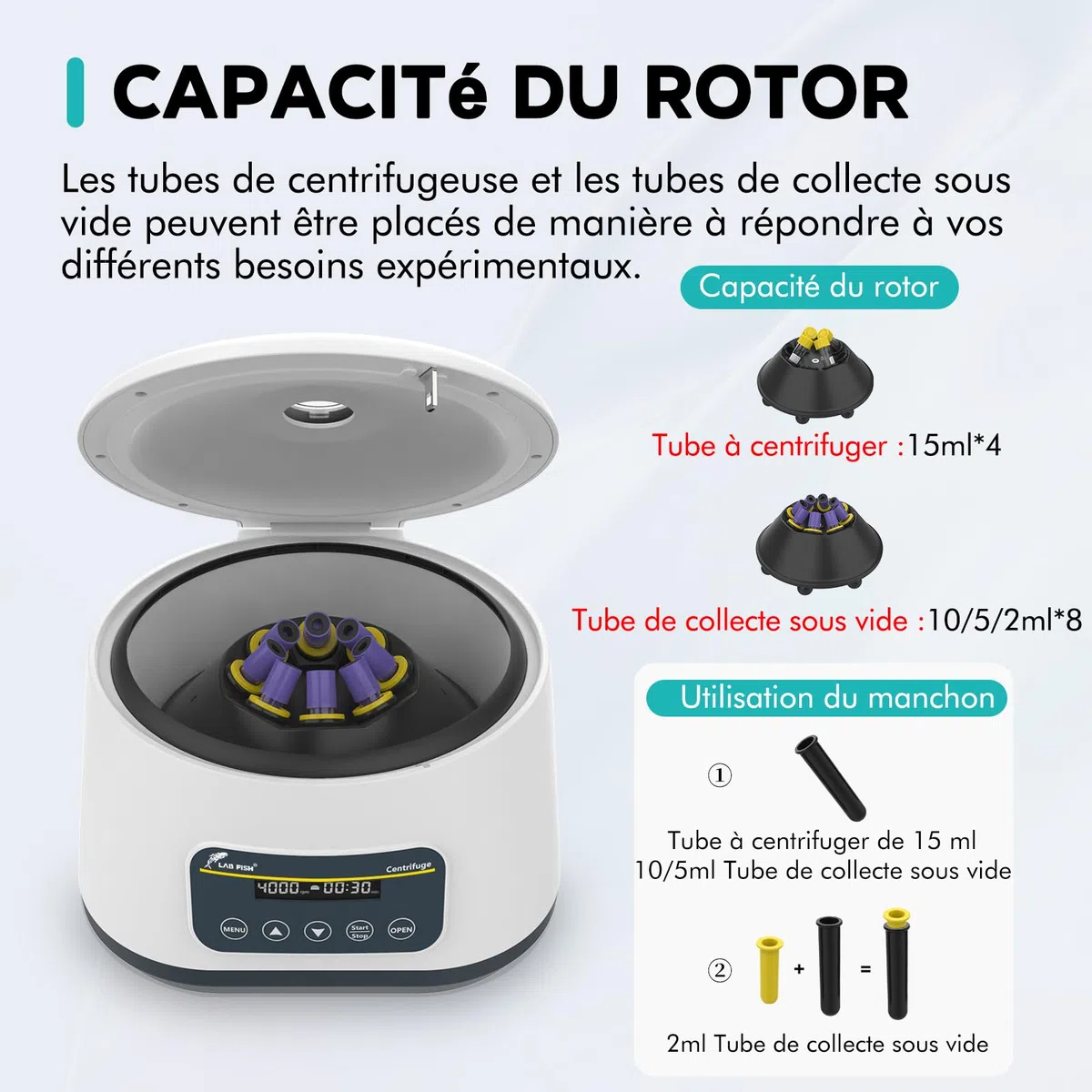 LAB FISH Centrifugeuse PRP LC-400 2ml/5ml/10ml/15ml Tubes De Laboratoire | Contrôle De La Vitesse 500-4000RPM,Max 1717xg | Fonction Minuterie 30sec-59min
