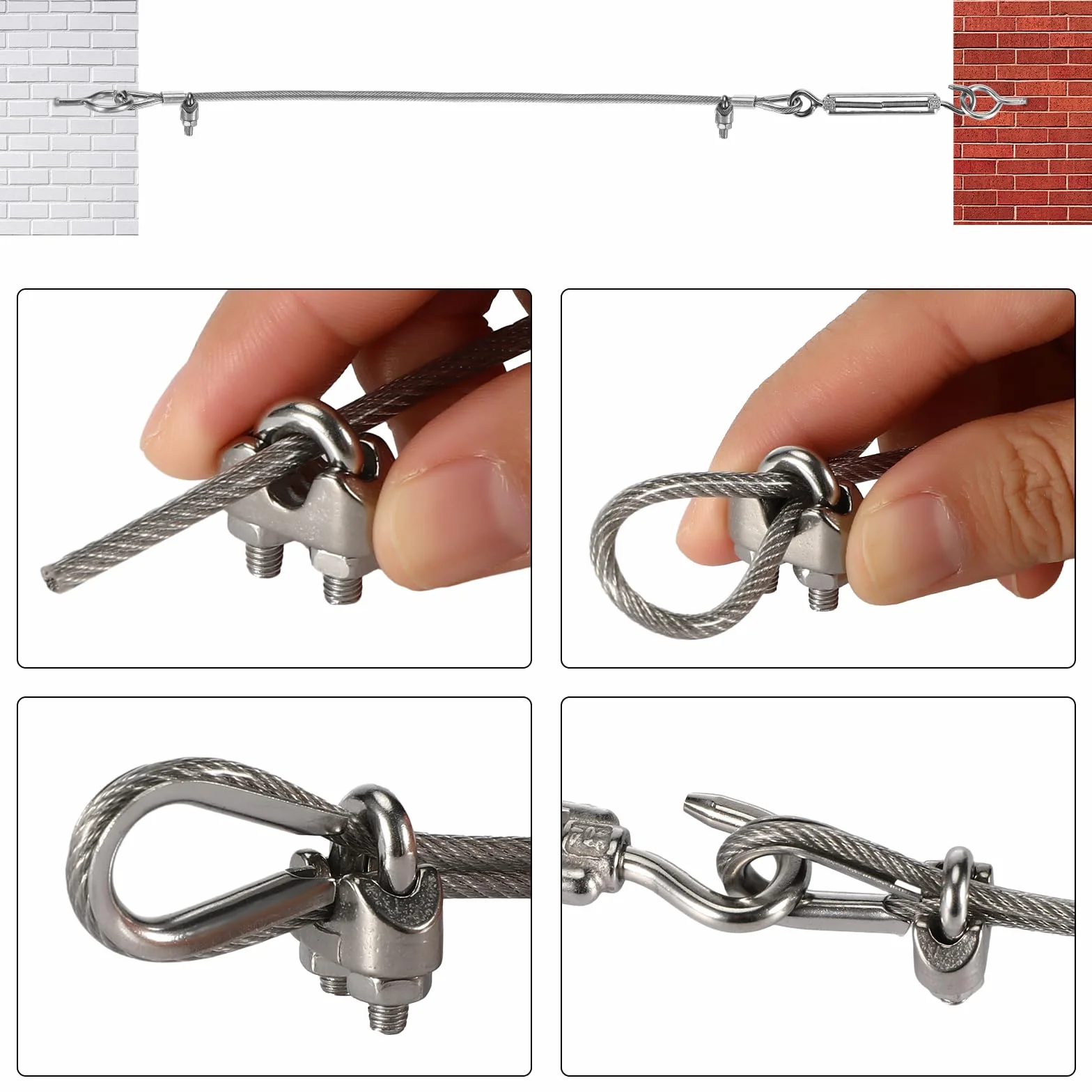 Kit de Suspension 30m en Acier Inoxydable, Câble 3mm Enduit de PVC Avec Tendeur M5 et Crochets, Pour Linge, Lumière, Plante Grimpante, Rambarde