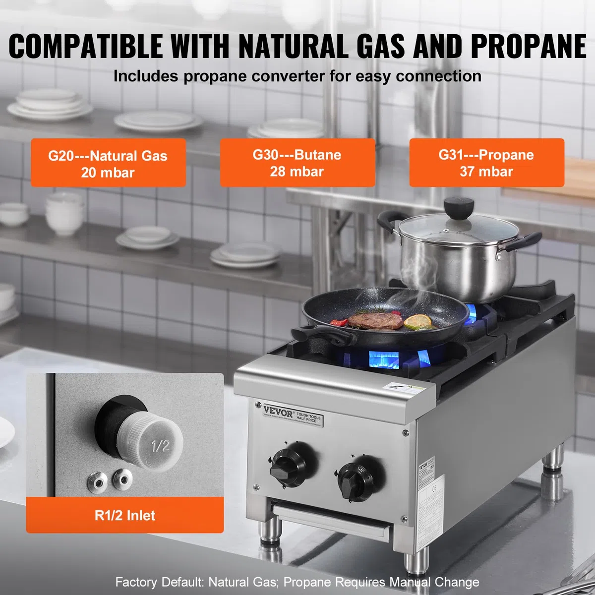 VEVOR Cuisinière à Gaz Commerciale avec 2 Brûleurs, Plaque de Cuisson de Comptoir au Propane et au Gaz Naturel, 14 kW, en Acier Inoxydable, Équipement de Cuisson Commercial pour Restaurant Domicile