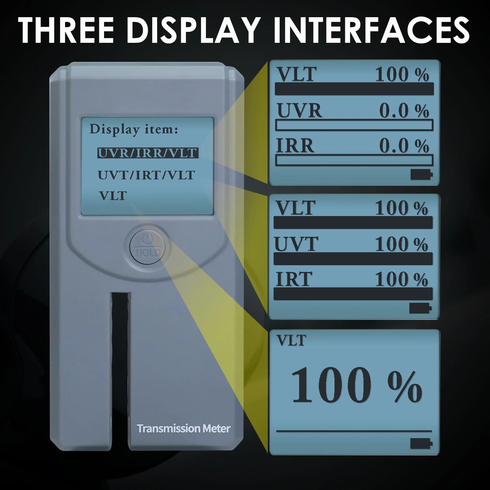 Tintmètre Portable Testeur de teinte de vitre avec écran Rotatif Automatique, Calibration Automatique, Mesure de la transmission et du rejet de la lumière visible (VL), des UV et des IR