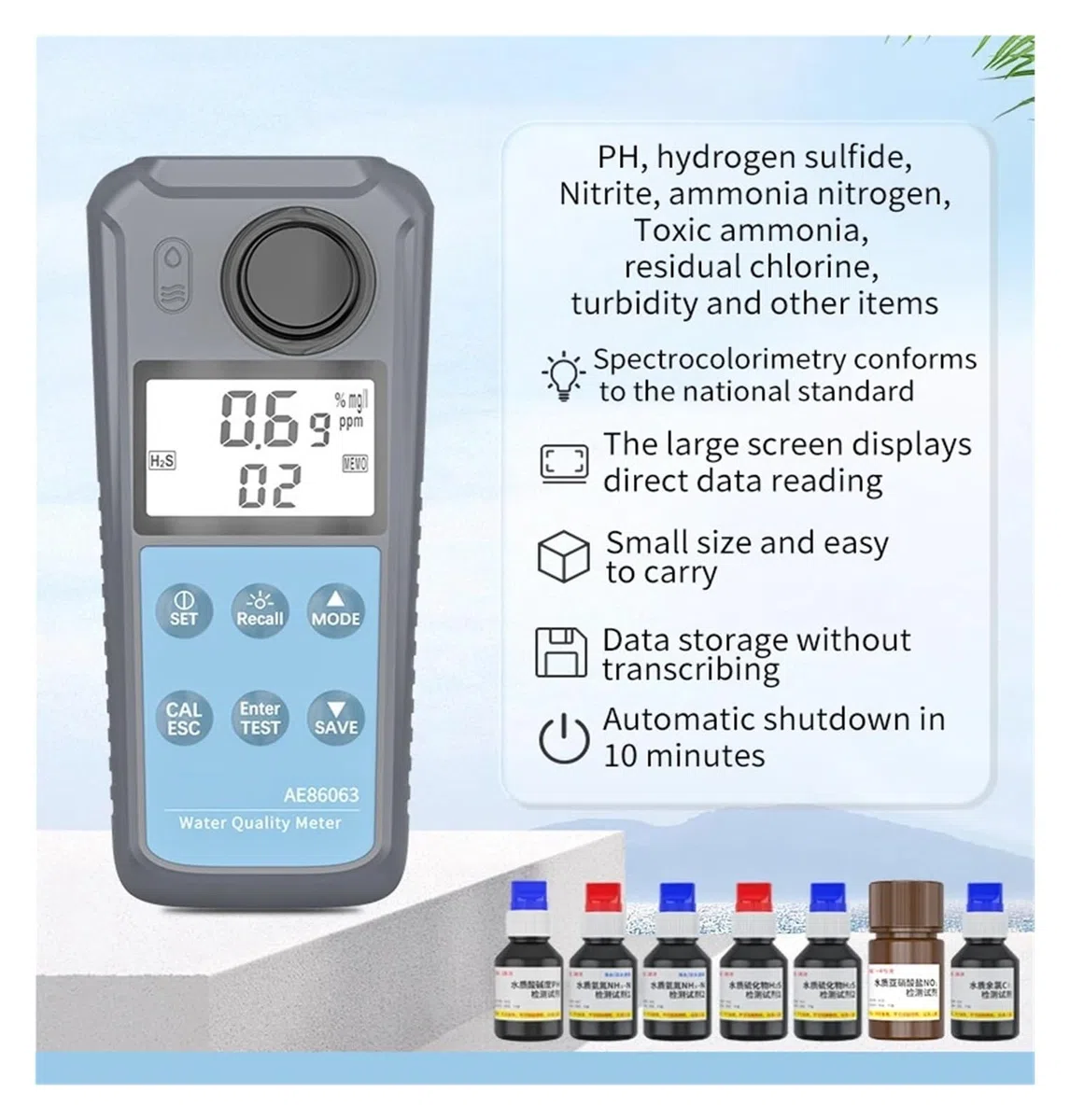 AE86063 Testeur De Qualité De L'eau PH De Laboratoire/piscine/aquarium pour une lecture claire | Compteur numérique d'hydrogène, de nitrite, de chlore résiduel, d'ammoniaque et d'azote