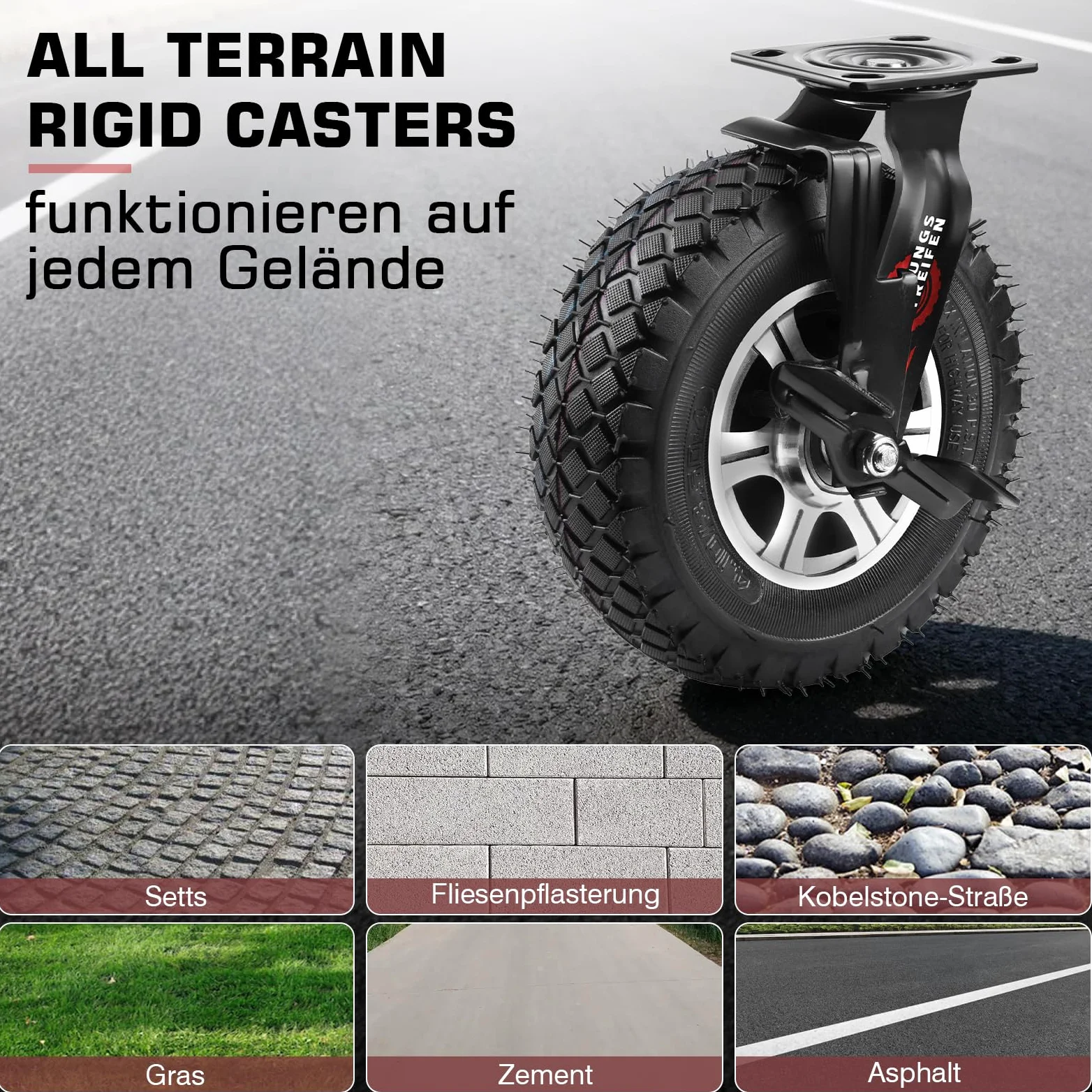 4 pièces de roulettes avec frein Ø 250 x 90 mm, roue pneumatique silencieuse sur roues en alliage d'aluminium avec amortisseur, pour chariot à bras et chariot de transport, capacité de charge 510 kg