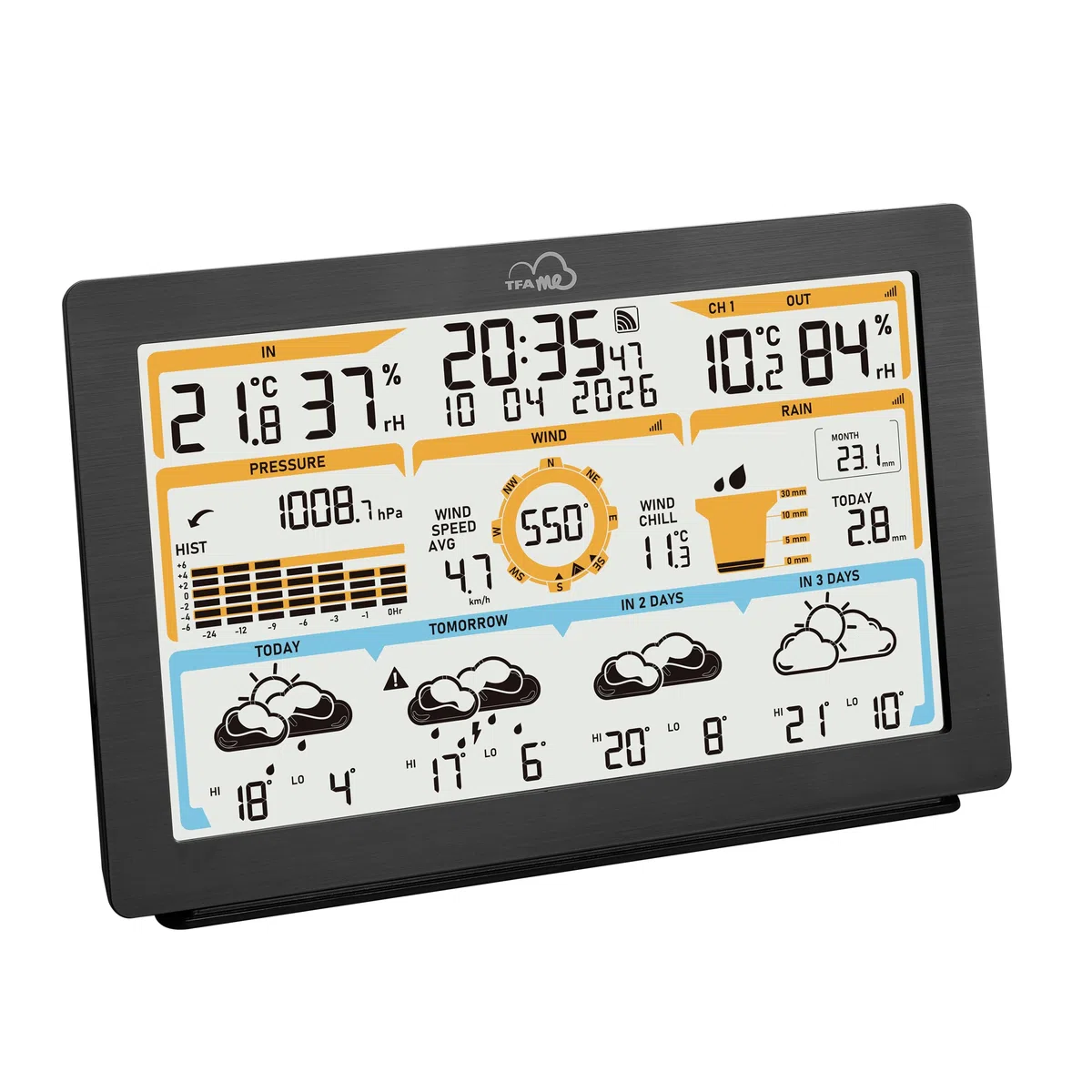 TFA Dostmann Station météo sans fil TFA.me ID-05, 8-en-1, 35.8106, prévisions météo profi wetter.com 4 jours, portail en ligne, avec capteur vent-pluie-température-humidité, alertes météo, noir