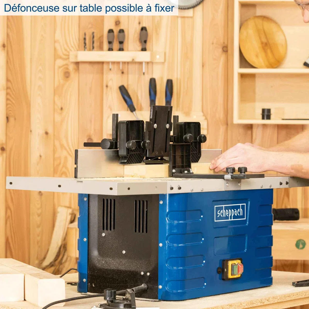 Scheppach Fraiseuse HF60 | Défonceuse | 1500W | Hauteur de broche réglable max. 40mm | Vitesse 11500 à 24000min-1 | Elargissements de table inclus | Livrée avec pinces