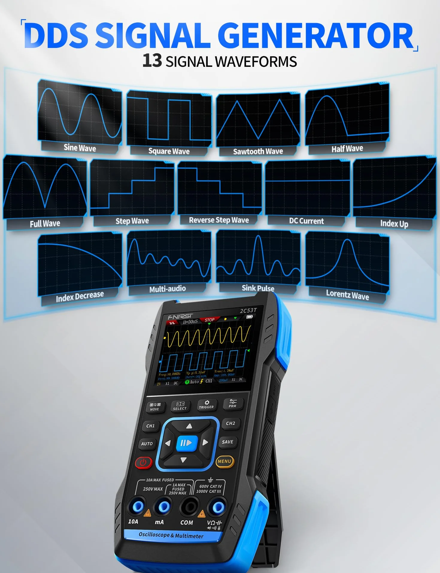 FNIRSI 2C53T Oscilloscope Portable, Oscilloscope Numérique/Multimètre/Générateur DDS 3en1, Fréq. d'échantillonnage 250 Méch./s, 50 MHz, 19999 Points, Test de Tension Courant Condensateur Résistance