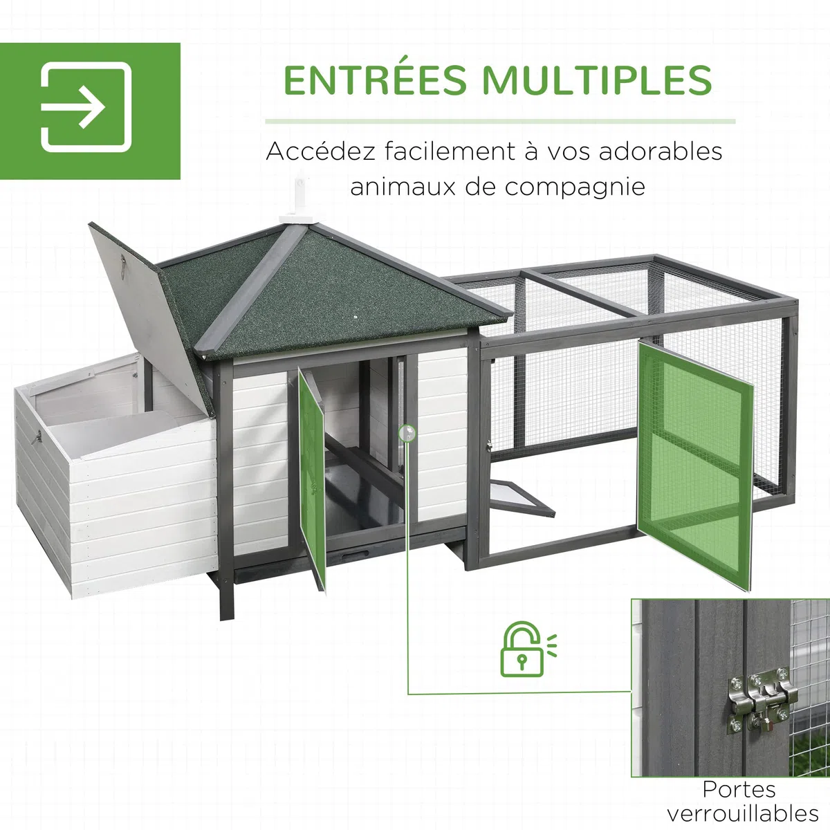 PawHut Poulailler Cottage Multi-équipement perchoir Rampe pondoir enclos tiroir à déjection 196L x 76l x 97H cm Bois Massif pin Gris Blanc