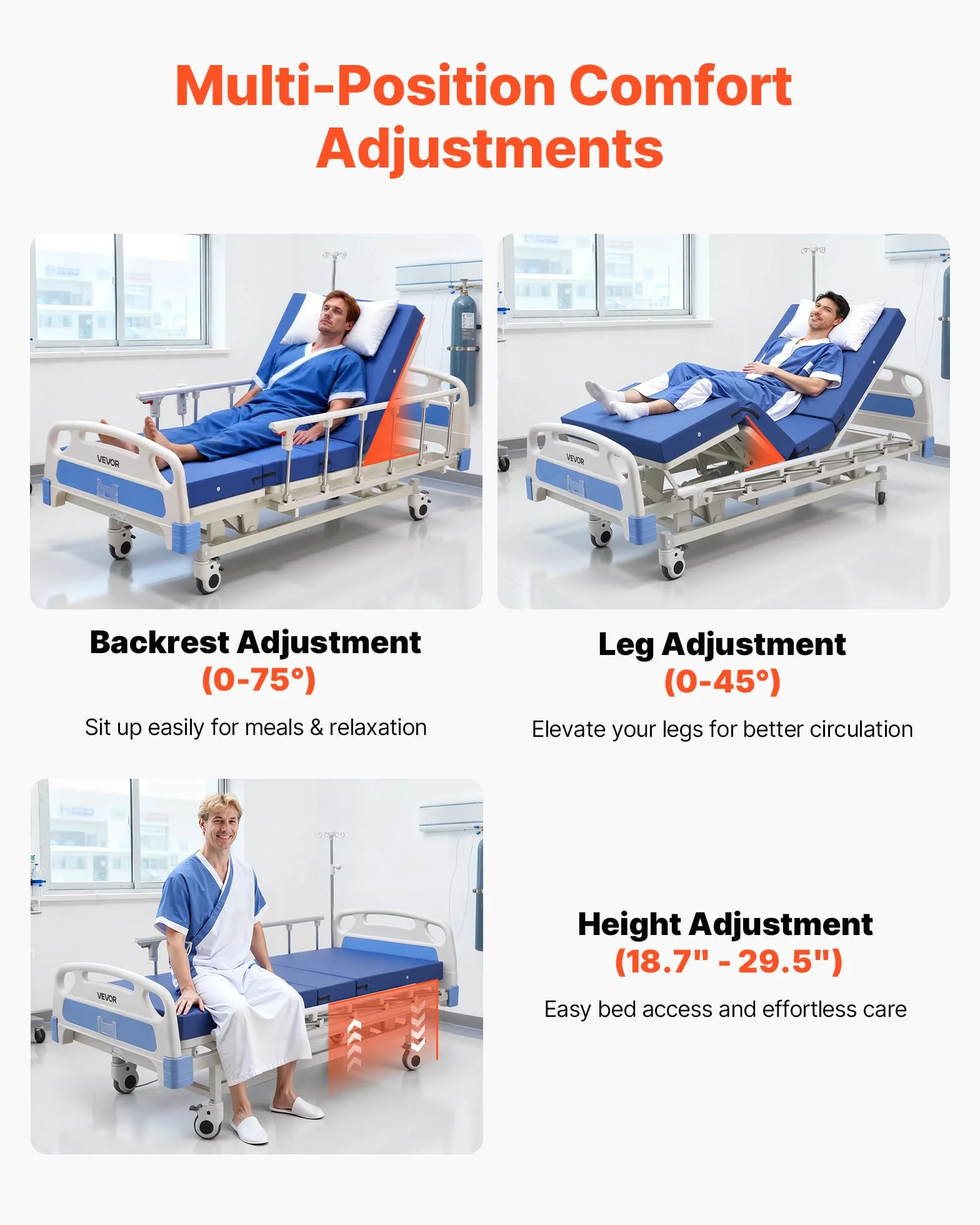 VEVOR Lit Médicalisé Entièrement Électrique 3 Fonctions Lit Hôpital Charge 250 kg pour Soins à Domicile, avec Dossier, Repose-Jambes et Hauteur Réglables, Roues Verrouillables, Matelas Haute Densité
