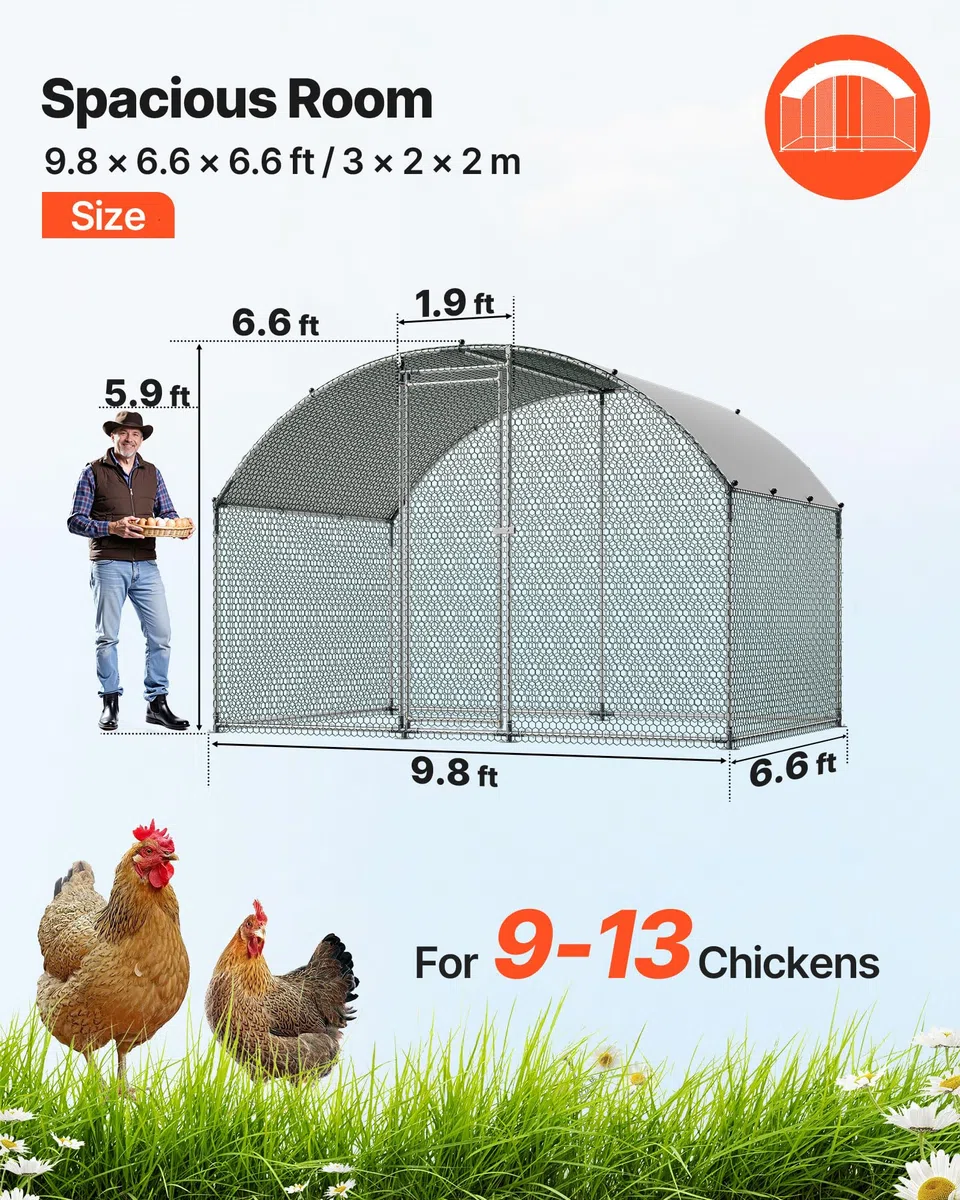 VEVOR Enclos Poulailler Métal 3 x 2 x 2 m Parc à Poules Grillagé avec Couverture, Verrou de Sécurité, Toit en Dôme, Grande Cage Extérieure pour Poules, Canards, Lapins, Volailles, de Jardin, Ferme | Parc Grillagé pour Poules, Canards, Lapins, Volailles, C