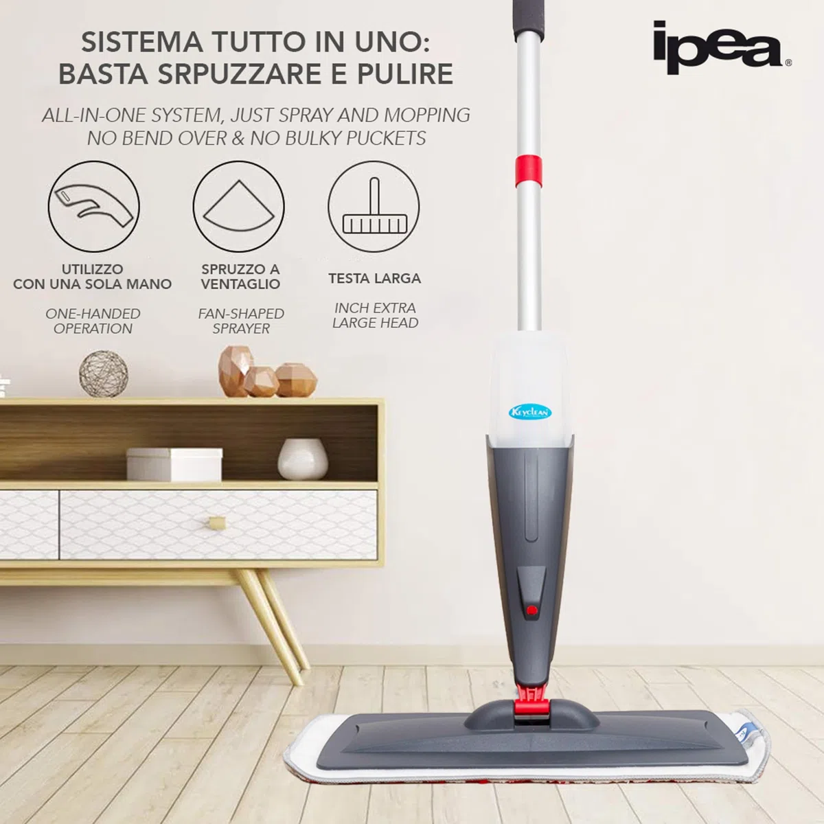 IPEA Balais Serpillère Vaporisateur en Aluminium avec Chiffon en Microfibre – Super Léger - Mop Spray Pulvérisateur pour Maison, la Cuisine, Le Bois Dur, Le Stratifié, Le Bois, la Céramique