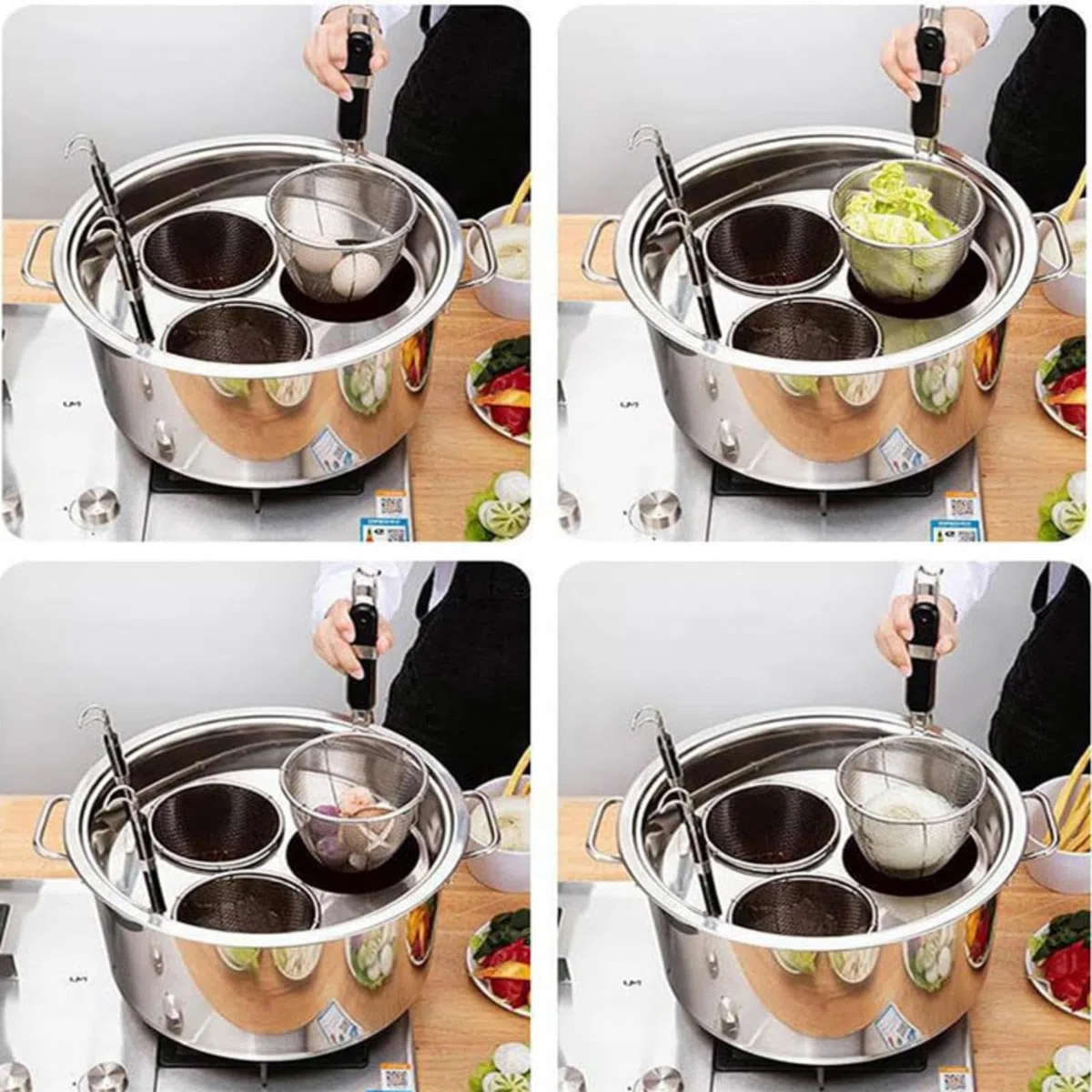 Cuiseur à pâtes en acier inoxydable avec plusieurs paniers filtrants et séparateur pour une cuisson efficace des nouilles dans la maison et les cuisines de restaurant