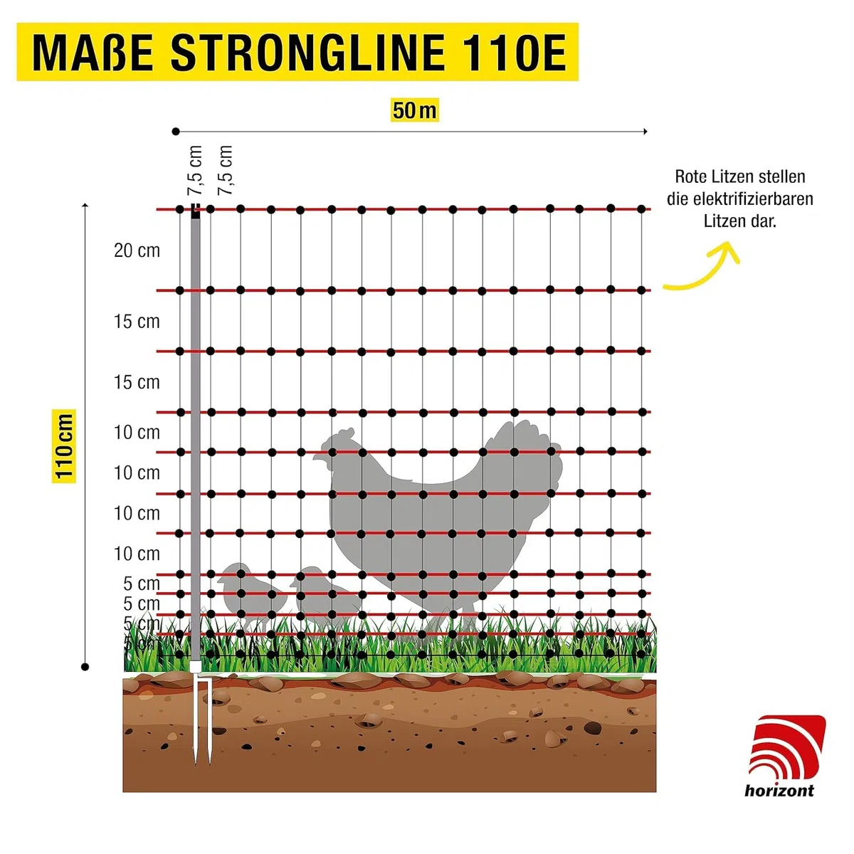 horizont Filet à volaille strongLine 110E, 15 piquets en fibre de verre - double pointe 50 m 110 cm de haut - avec électricité, clôture mobile pour poules