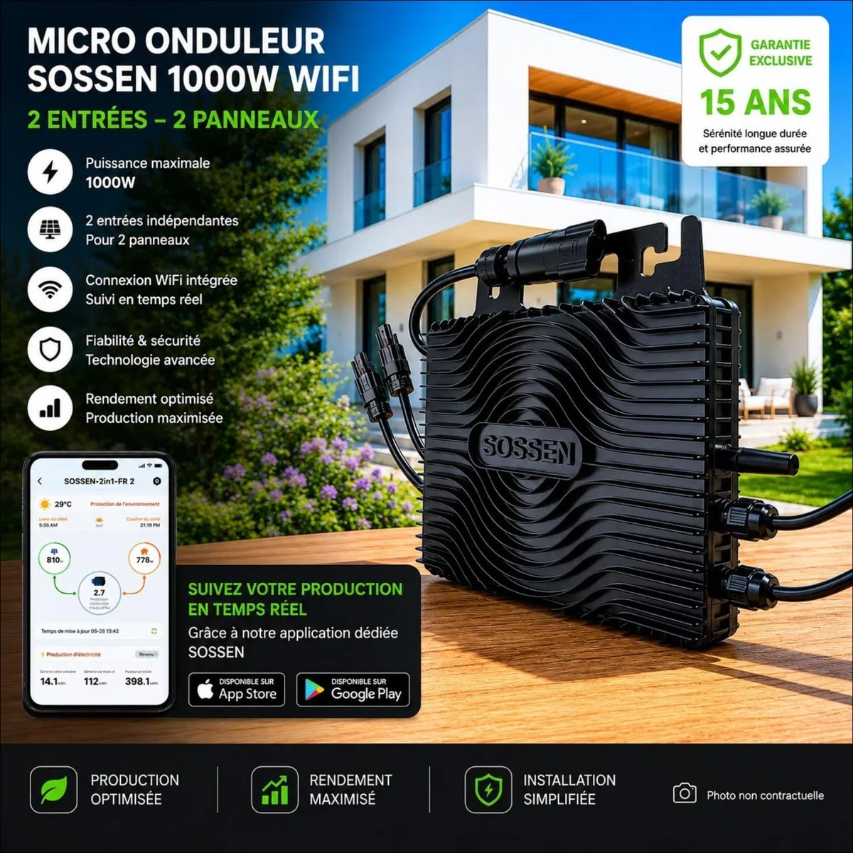 Micro-onduleur 1000W SOSSEN 25A – WiFi & Bluetooth – pour 2 Panneaux Solaires + Câble AC Plug&Play 5m