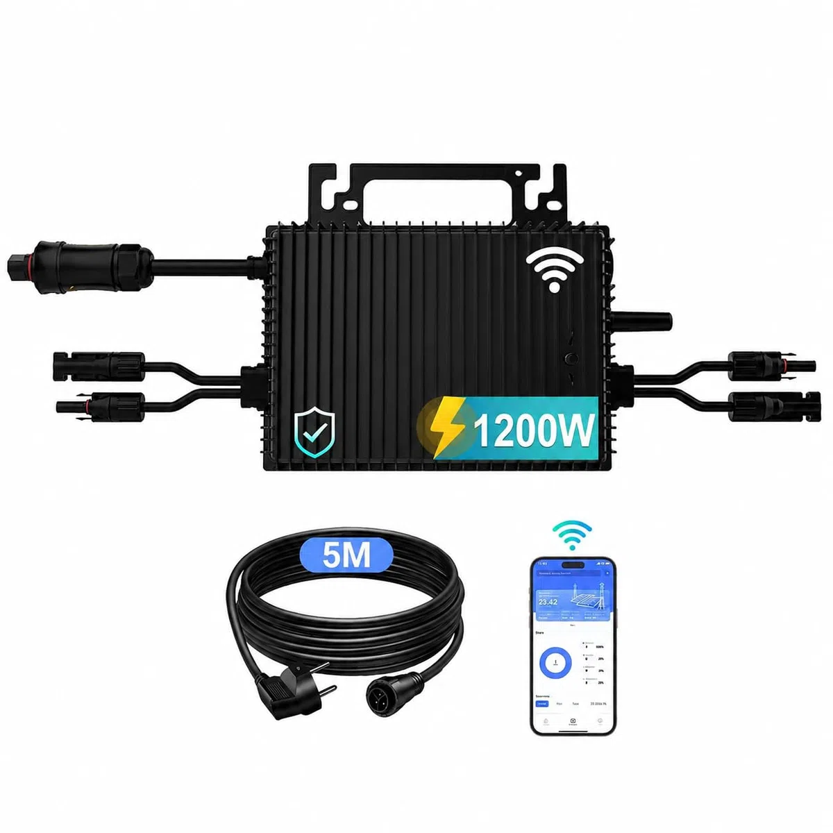 Micro-onduleur 1200W avec WiFi, 2 MPPT, IP67, kit Solaire Balcon | Plug & Play, câble AC de 5 m, 96 % de rendement, contrôle en temps réel via application mobile