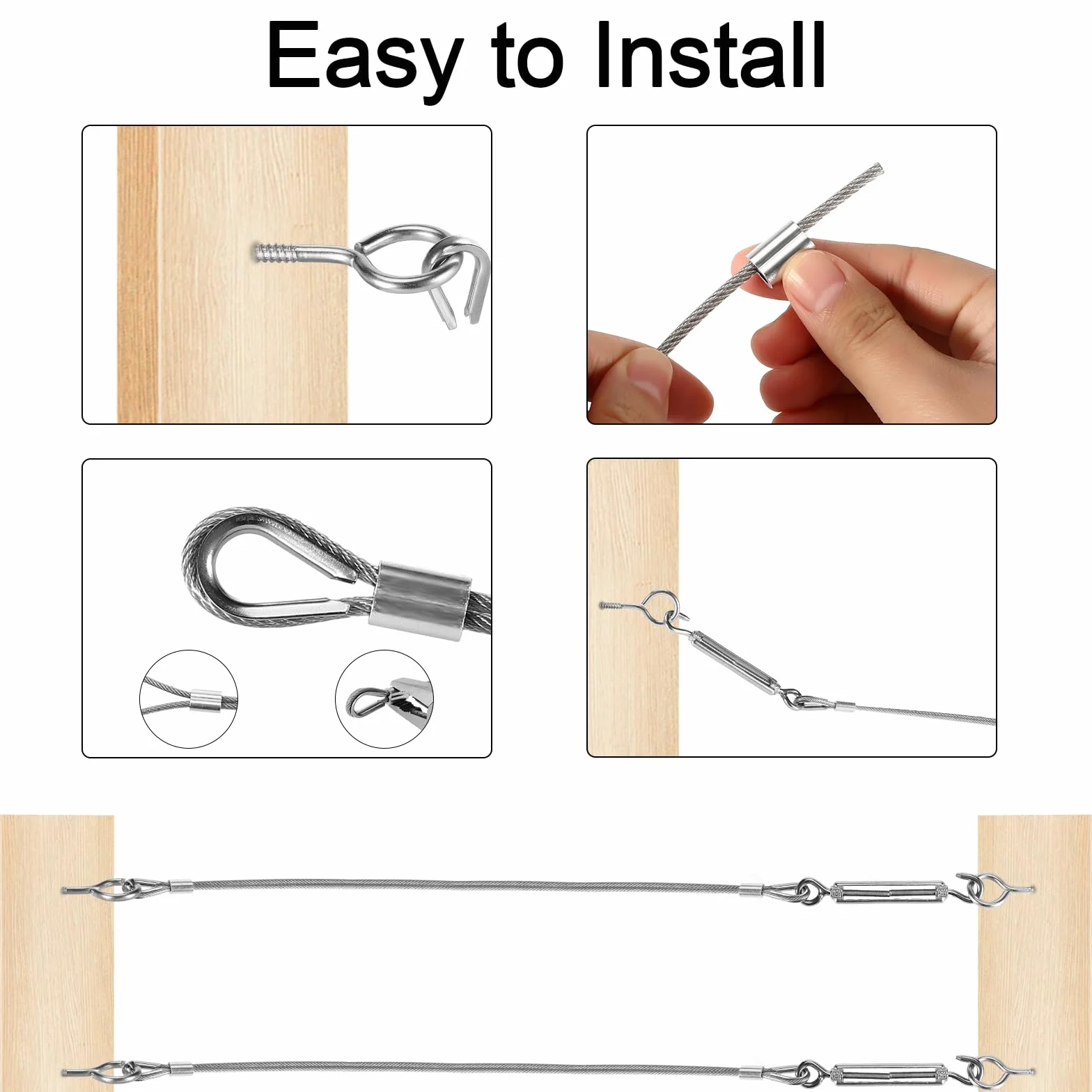 Kit de Suspension 30m en Acier Inoxydable, Câble 3mm Enduit de PVC Avec Tendeur M5 et Crochets, Pour Linge, Lumière, Plante Grimpante, Rambarde