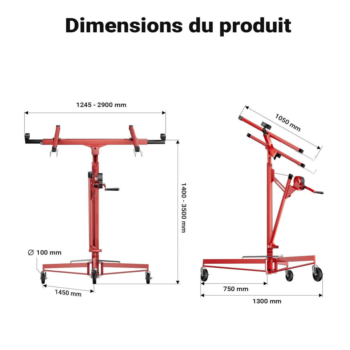Wiltec Lève-panneaux, lève-plaques de plâtre XXL rouge – capacité de charge max. 68 kg – Hauteur 140-350 cm – Largeur max. 290 cm – 3 Roues - Aide au montage Construction