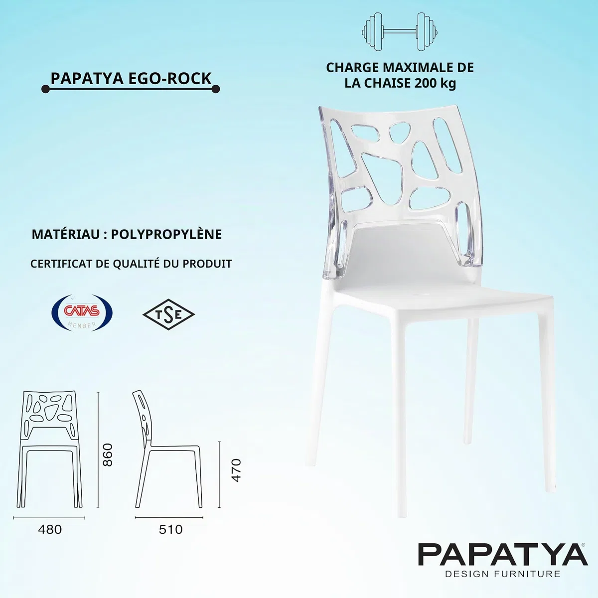 PAPATYA EGO-Rock Chaise Design en Plastique - Capacité de Charge 200 kg, Stable pour Hôtel, Restaurant, Légère pour Balcon - Blanc Transparent
