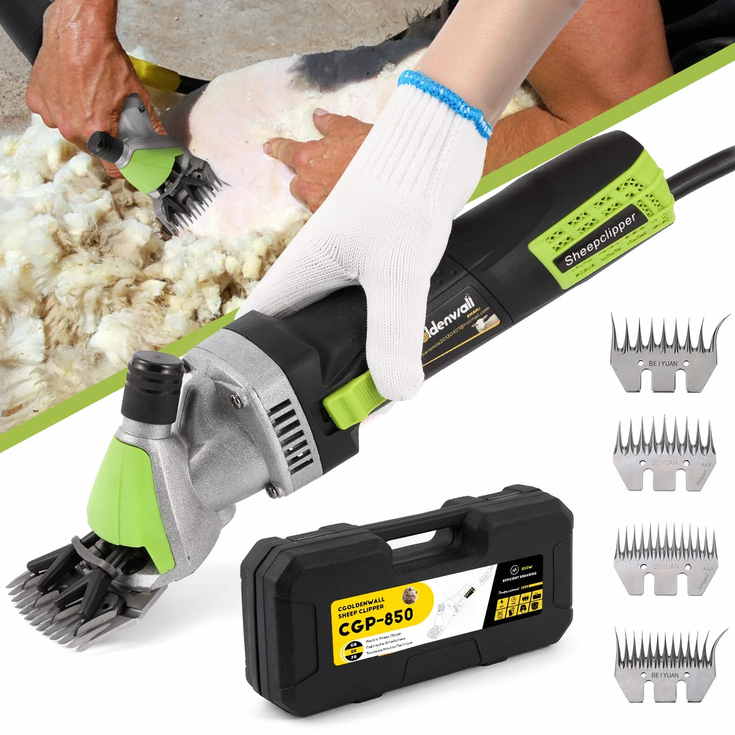 CGOLDENWALL Tondeuse Mouton Électrique 850 W 6 Vitesse Réglable Professionnelle pour Raser Les Moutons Animaux Laines Chèvres 220 V CE Avec Lubrifiant (9 droites+9 courbes+13 droites+13 courbes)
