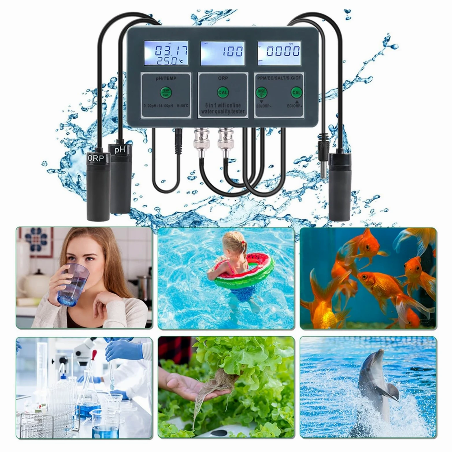 Testeur PH, Tuya Smart PH ORP TDS EC SALT S. G TEMP CF moniteur compteur en ligne Aquarium qualité de l'eau testeur enregistreur données contrôleur(Meter)