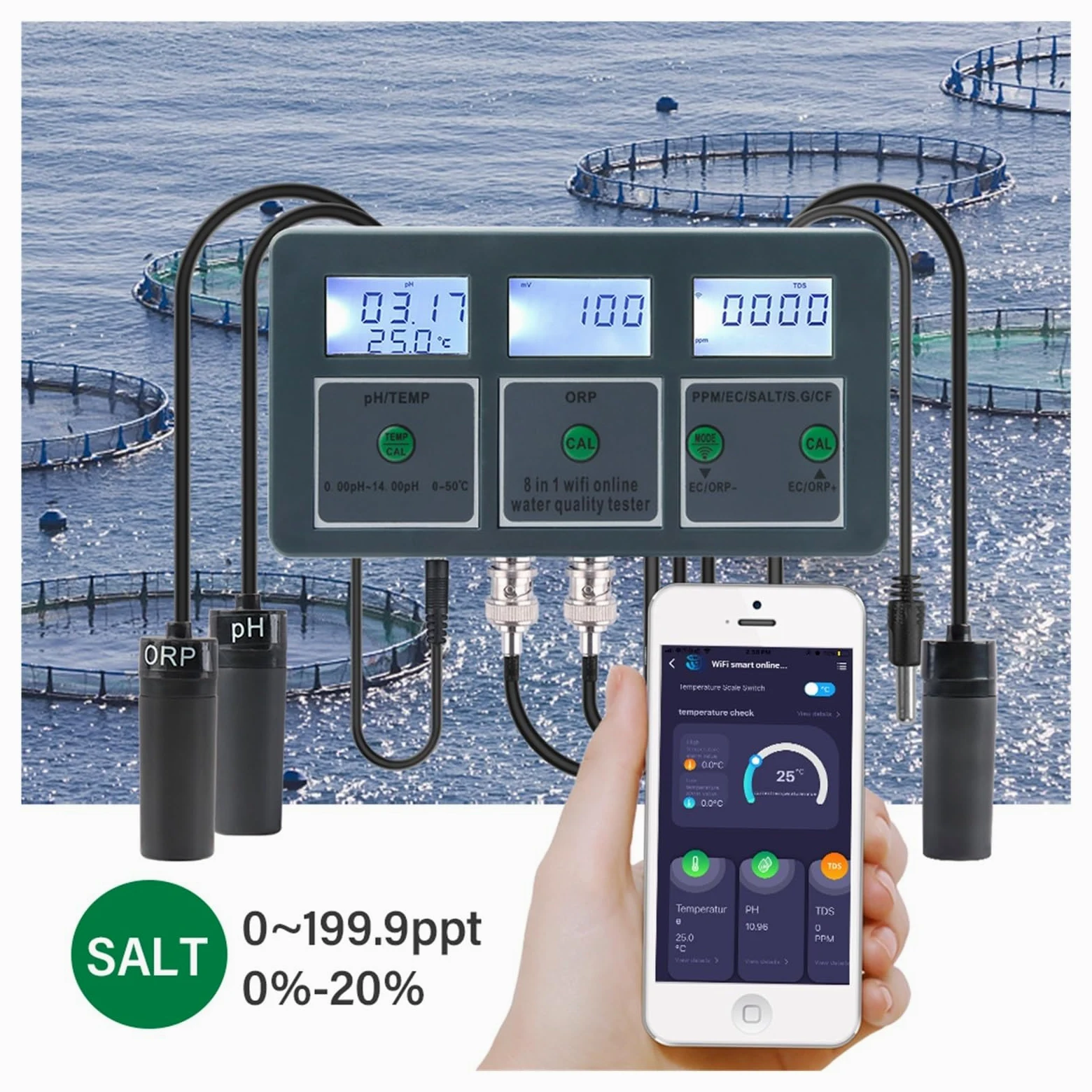 Testeur PH, Tuya Smart PH ORP TDS EC SALT S. G TEMP CF moniteur compteur en ligne Aquarium qualité de l'eau testeur enregistreur données contrôleur(Meter)