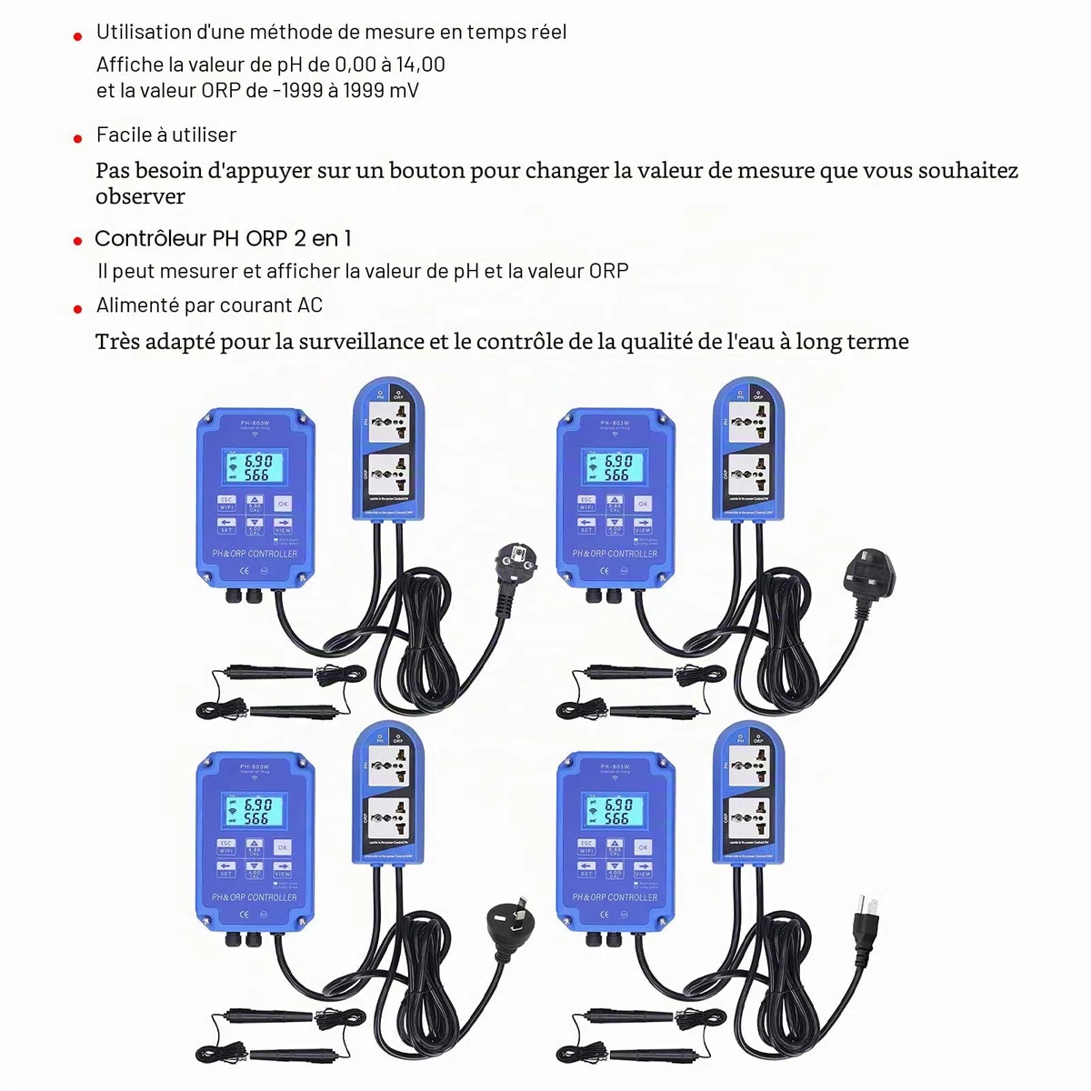 PH ORP Contrôleur Testeur D'eau Multi-paramètres PH-803W pour Surveillance et Contrôle Long Terme Qualité de L'eau(EU Plug 250V)