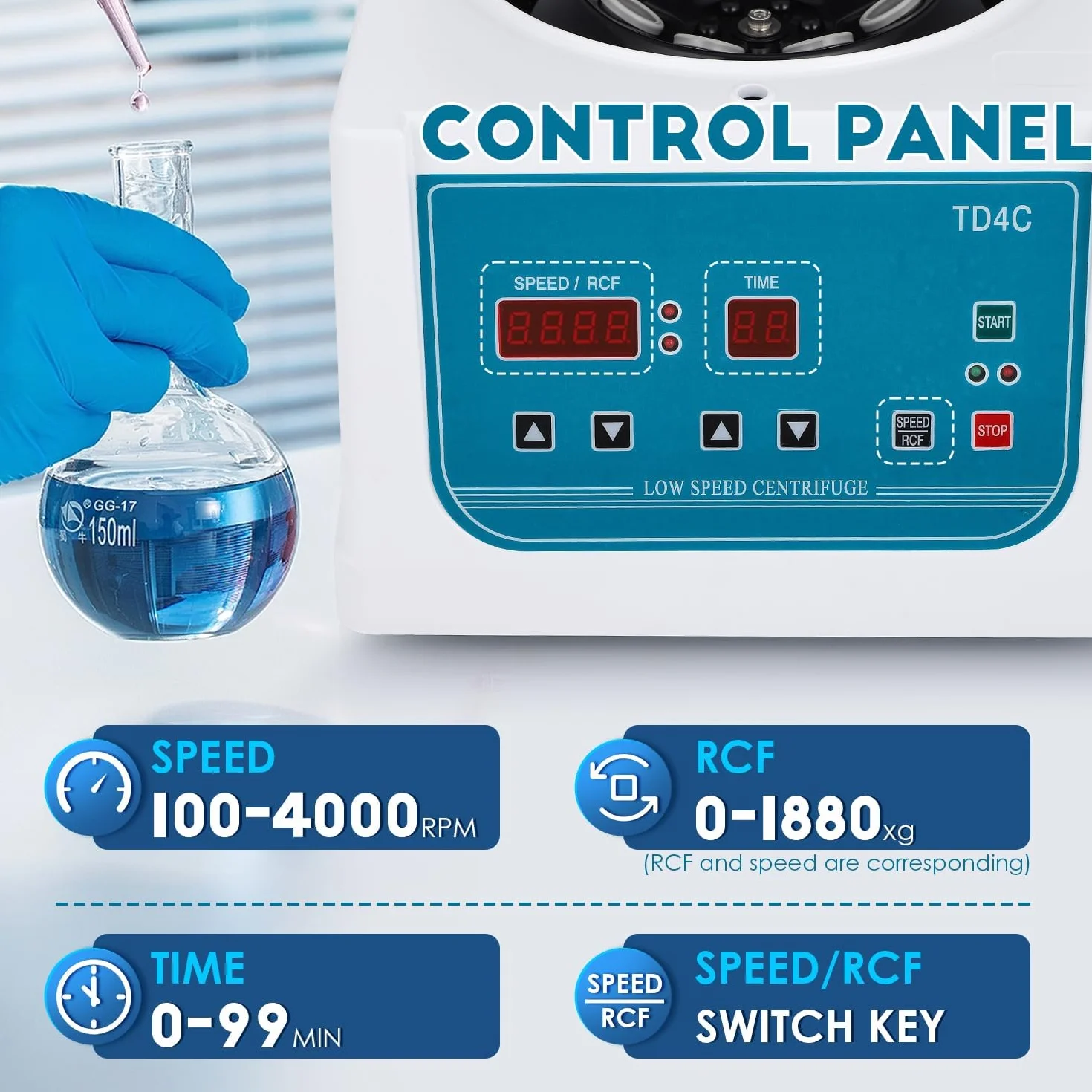 CGOLDENWALL Centrifugeuse de laboratoire 8x15ml Affichage LED, 4000rpm, 99min Timing, 1880xg, pour Tubes Vacutainer 5-10ml & Tubes Centrifuge 10-15ml, Centrifugeuse PRP à faible vibration (EU)