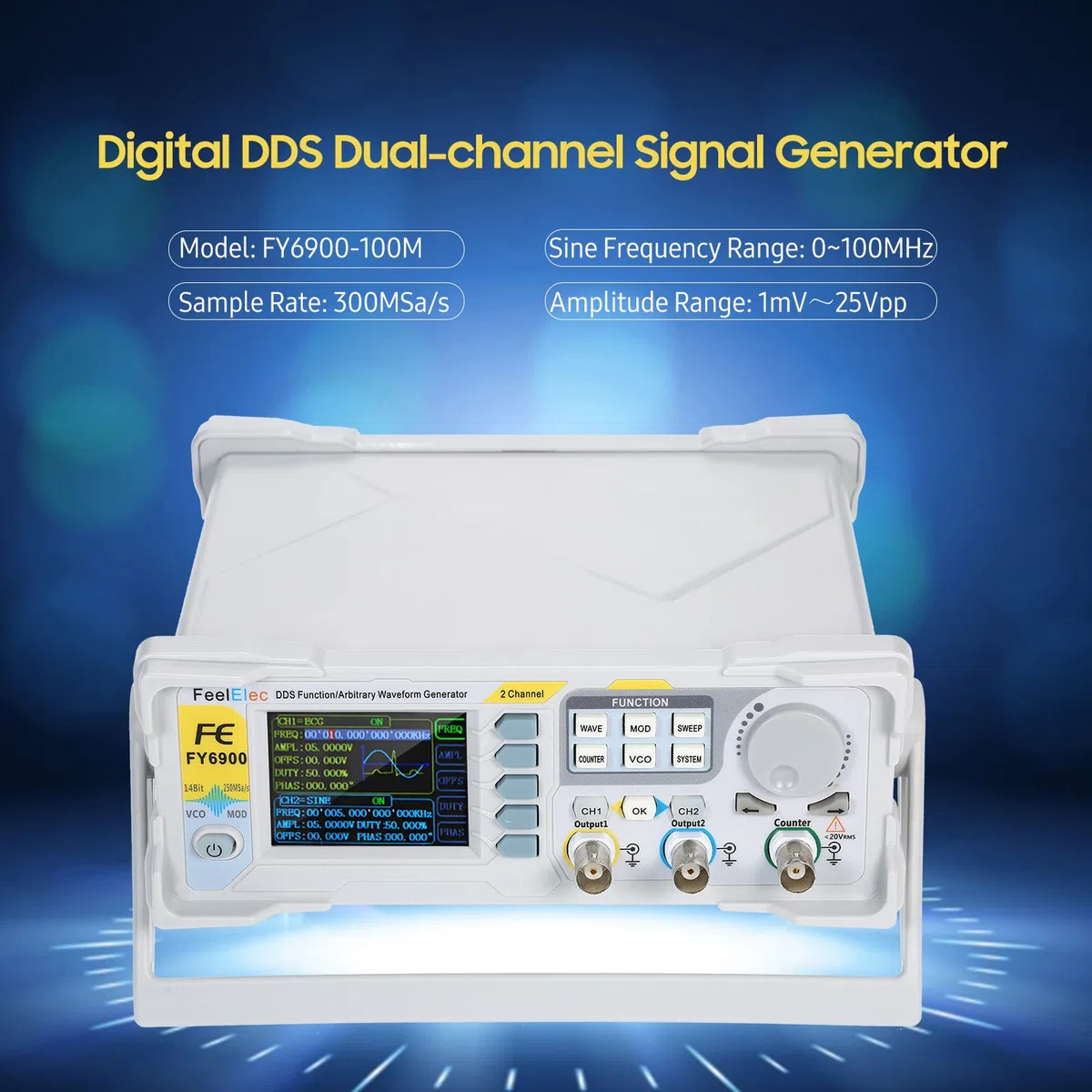 XiaoXIN Générateur de signal de fonction 100MHz Digital DDS haute précision Générateur de signal de fonction/de forme d'onde arbitraire Source de signal d'impulsion Fréquencemètre 300MSa/s Rafale VCO