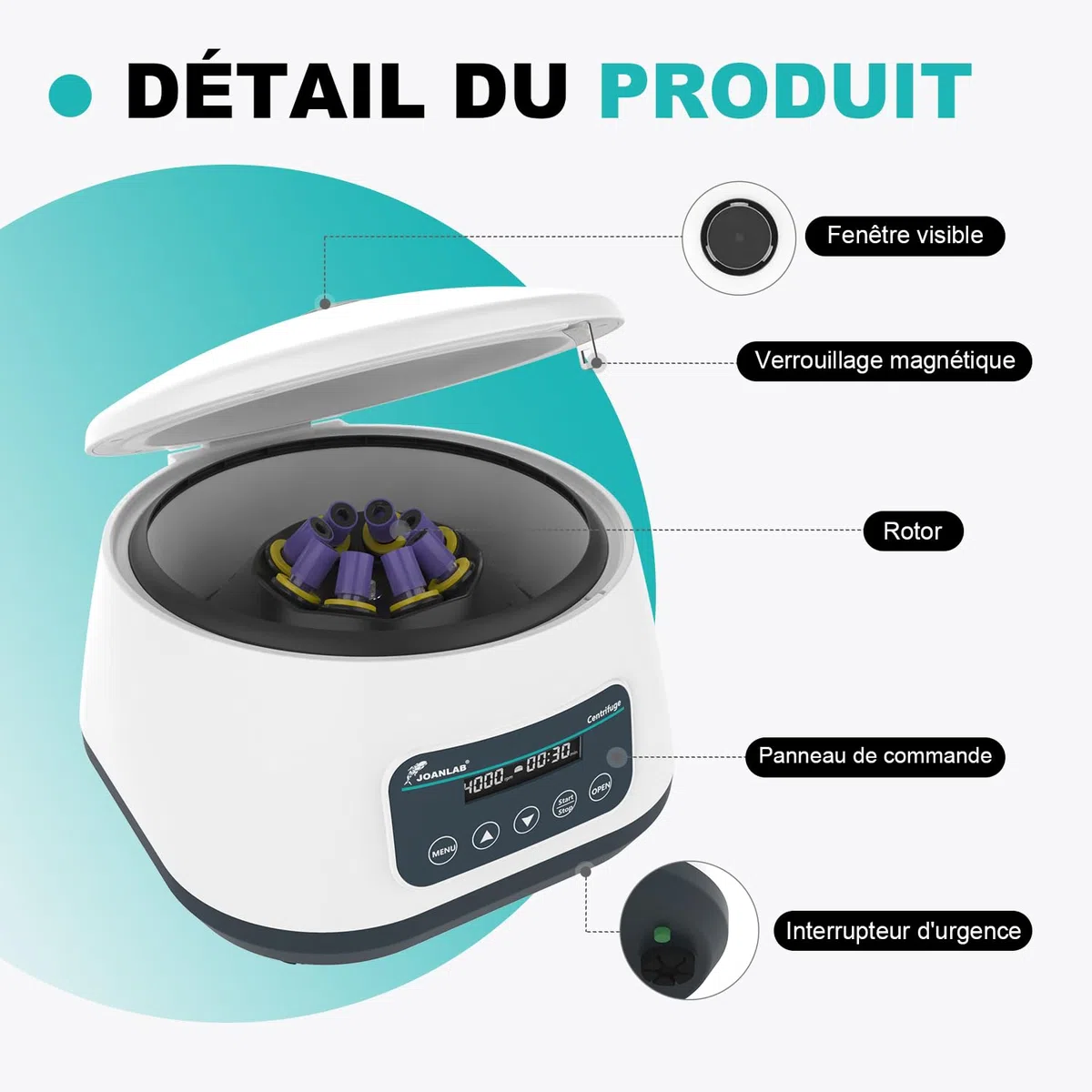 JOANLAB Machine à centrifuger de laboratoire 2 ml/5 ml/10 ml x 8, 15 ml x 4 centrifugeuses de table basse vitesse 500-4000 tr/min, 2180 x g RCF Digital Benchtop centrifugeuse avec minuterie