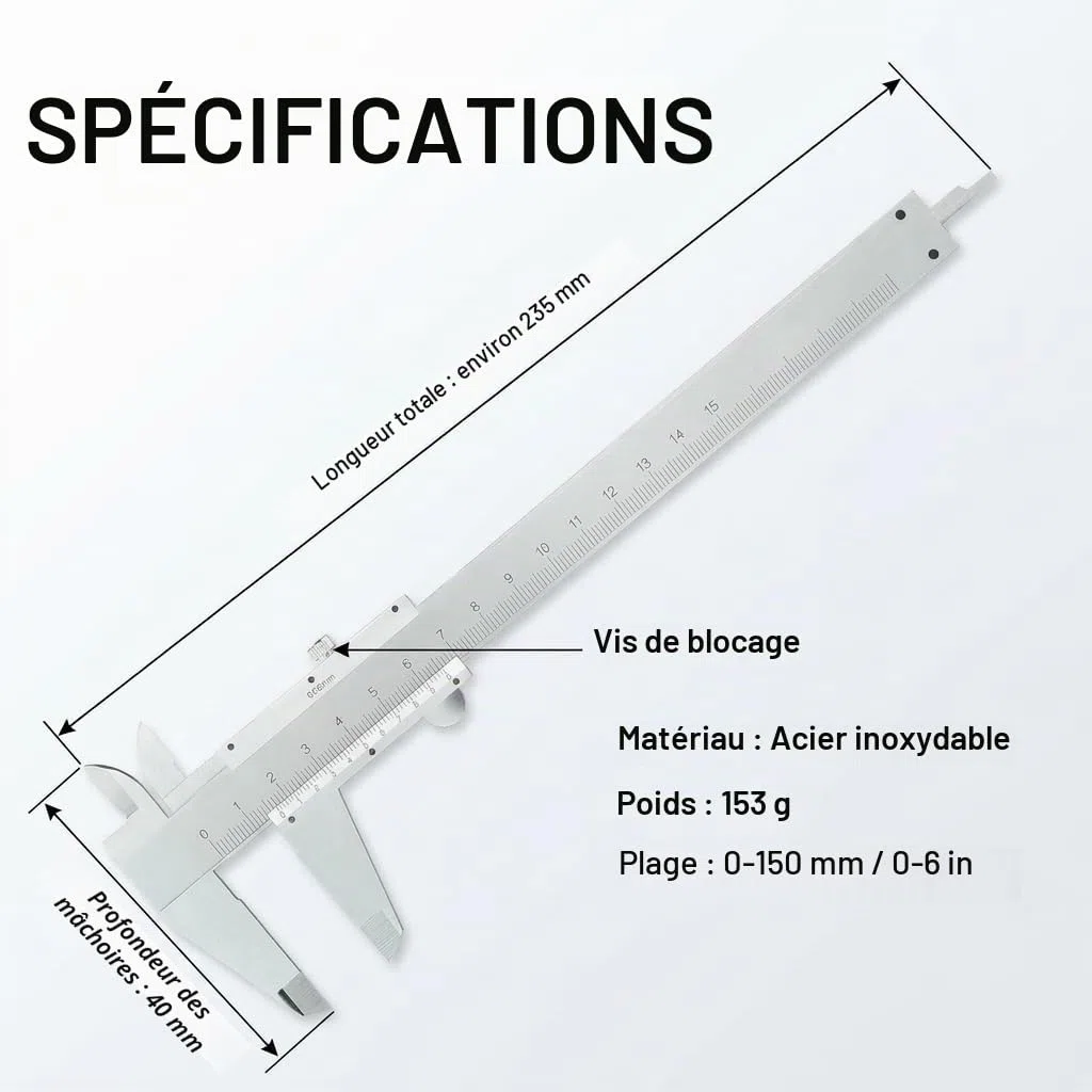 Pied à Coulisse 0-150mm Précision 0,02mm en Acier Inoxydable Vernier Mécanique Outil de Mesure Professionnel pour Bricolage Industrie et Atelier Calibre à Coulisse avec Étui de Rangement Robuste