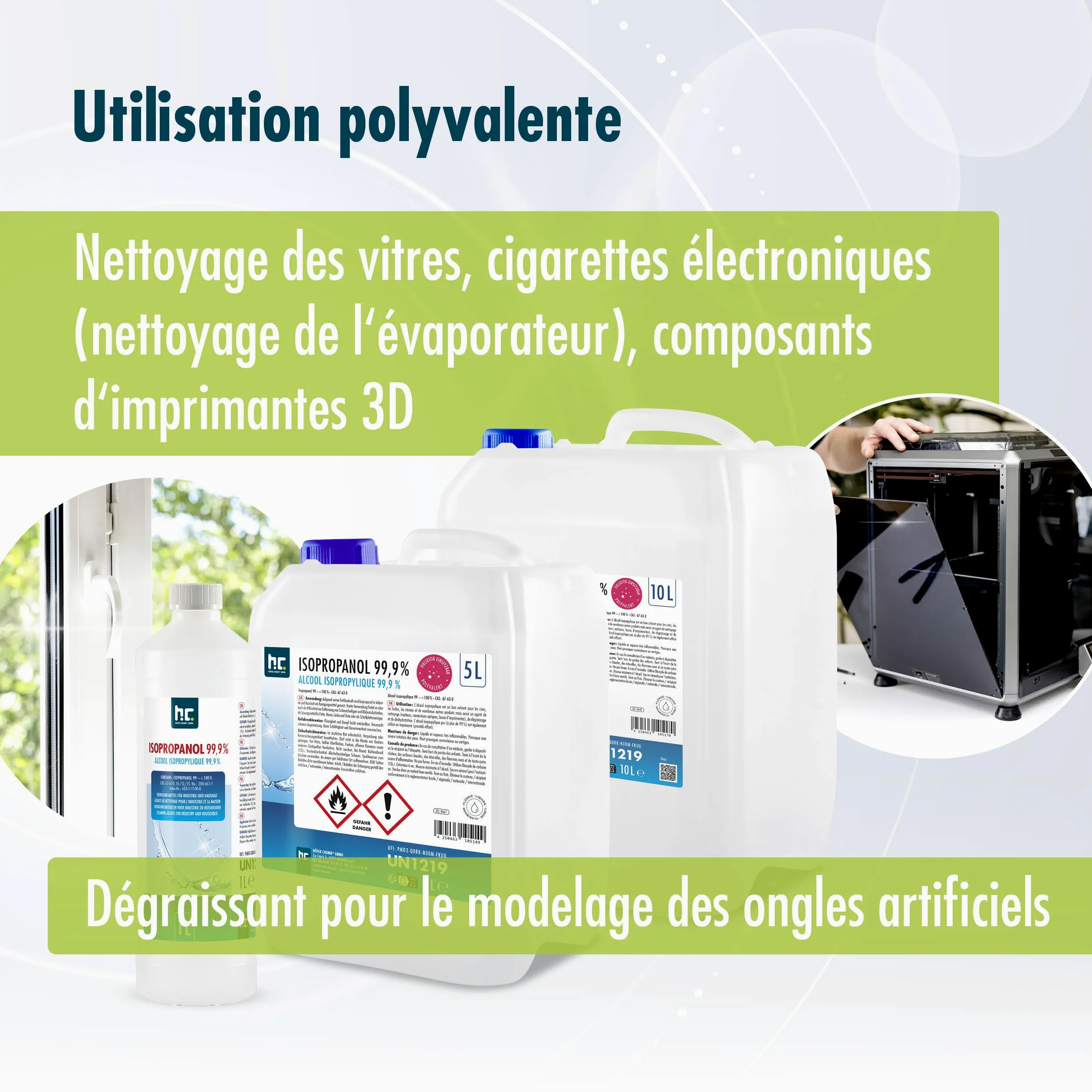 Höfer Chemie Isopropanol 99,9% (IPA) 4 X 5 L - Alcool Ispopropylique pour Nettoyer et Dégraisser - Solvant Puissant - Polyvalent