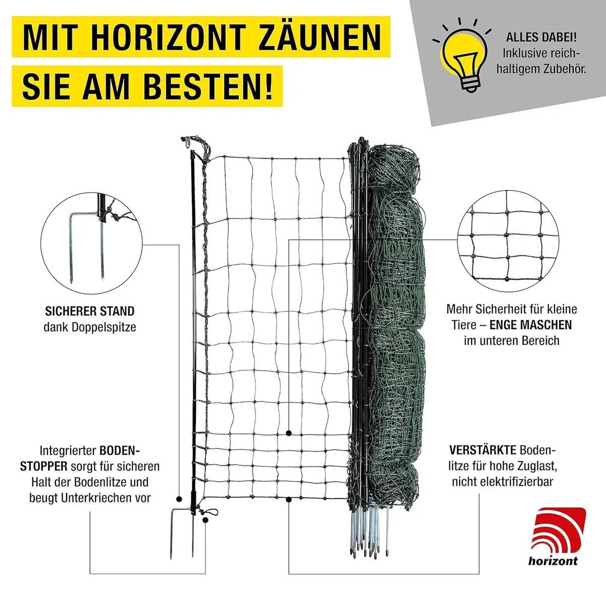 horizont Filet à volaille strongLine 110E, 15 piquets en fibre de verre - double pointe 50 m 110 cm de haut - avec électricité, clôture mobile pour poules