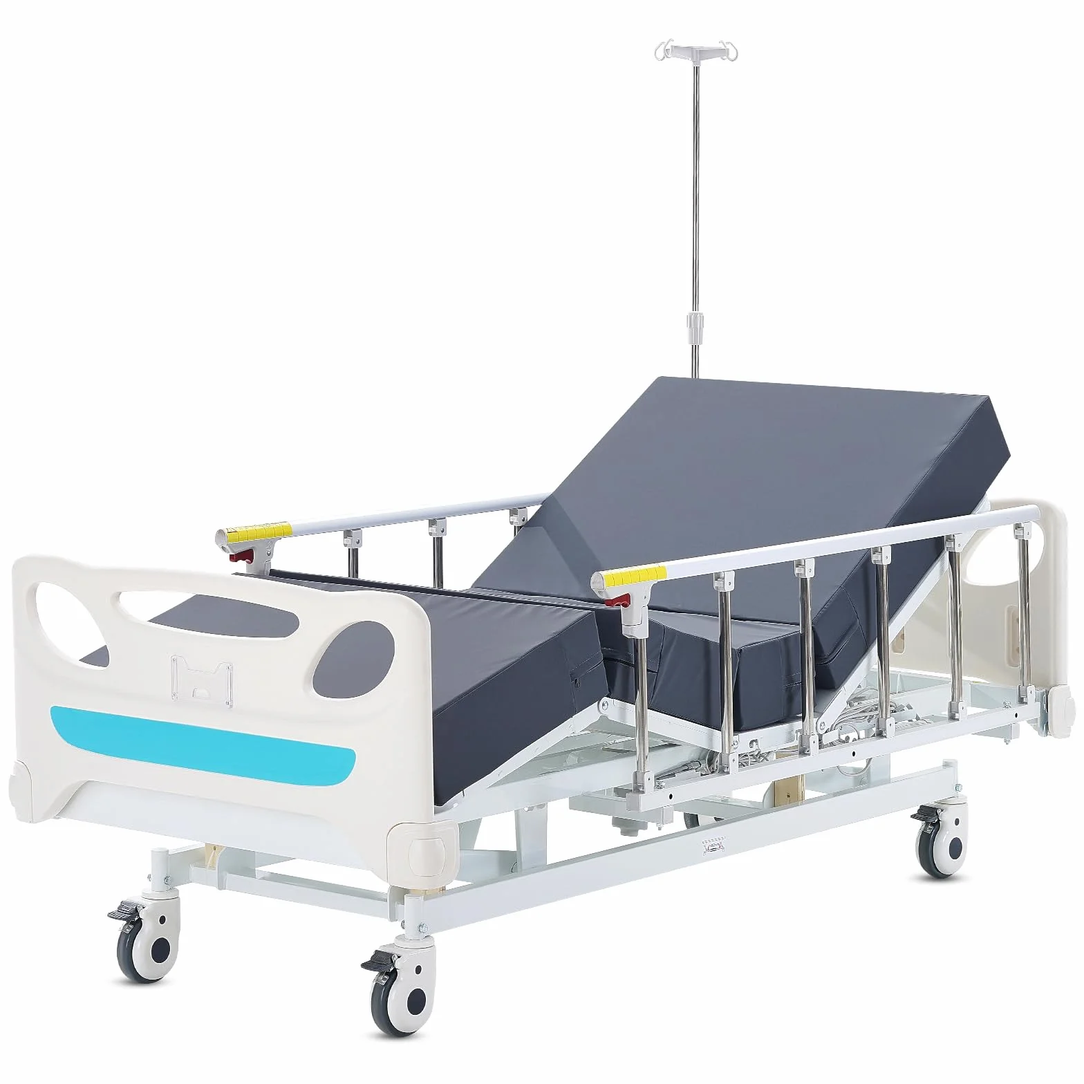 VEVOR Lit d'hôpital entièrement électrique, 3 fonctions, lit médical pour soins intensifs, charge 200 kg, avec matelas, potence IV, contrôleur portatif, roulettes verrouillables pour domicile, hôpital