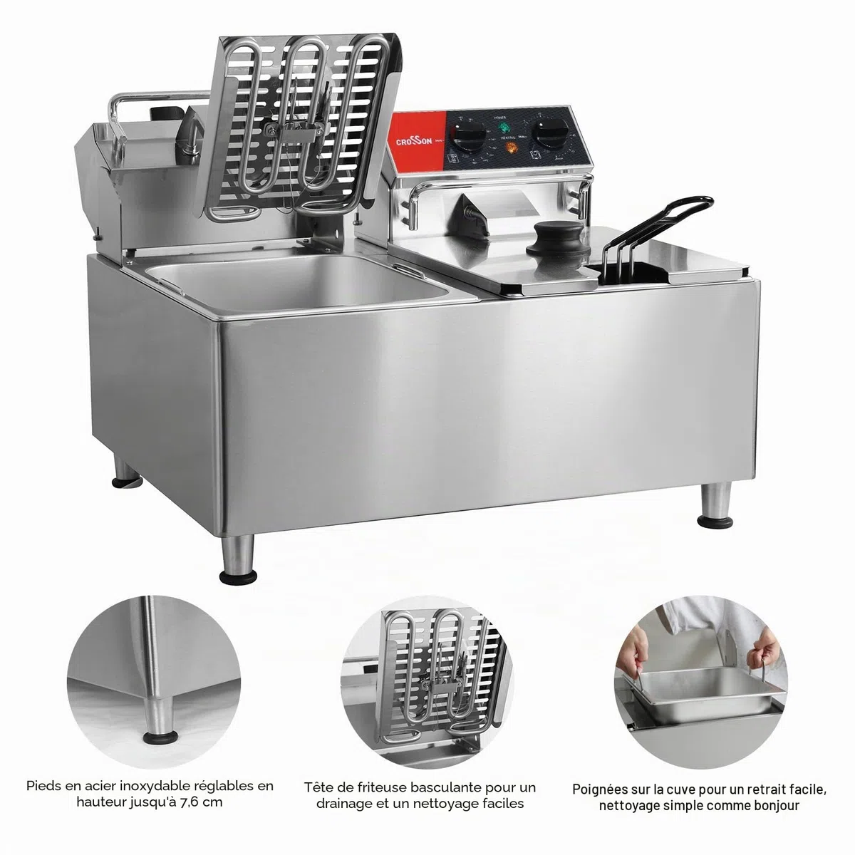 crosson Friteuse électrique CROSSON 16 L à double réservoir avec tête de friteuse rotative, minuterie de 30 minutes, thermostat EGO, friteuse de comptoir pour usage commercial