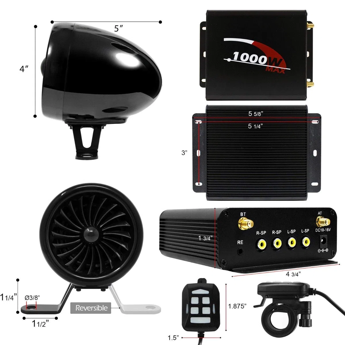 1000W Moto Amplificateur 4 Haut-parleurs Étanches Bluetooth Stéréo Audio Système AUX MP3 USB SD FM Radio pour Harley Touring Cruiser ATV UTV Scooter (Noir)