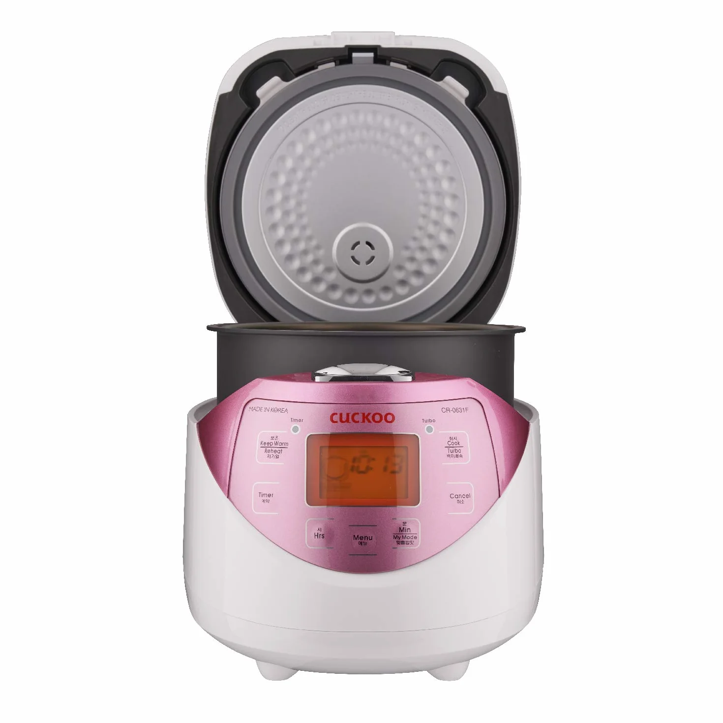 CUCKOO CR-0631F Micom Cuiseur à riz 6 tasses (non cuit)/12 tasses (cuit) avec pot intérieur antiadhésif, 7 modes de menu, écran LCD, technologie Fuzzy Logic, nettoyage automatique (blanc/rose)