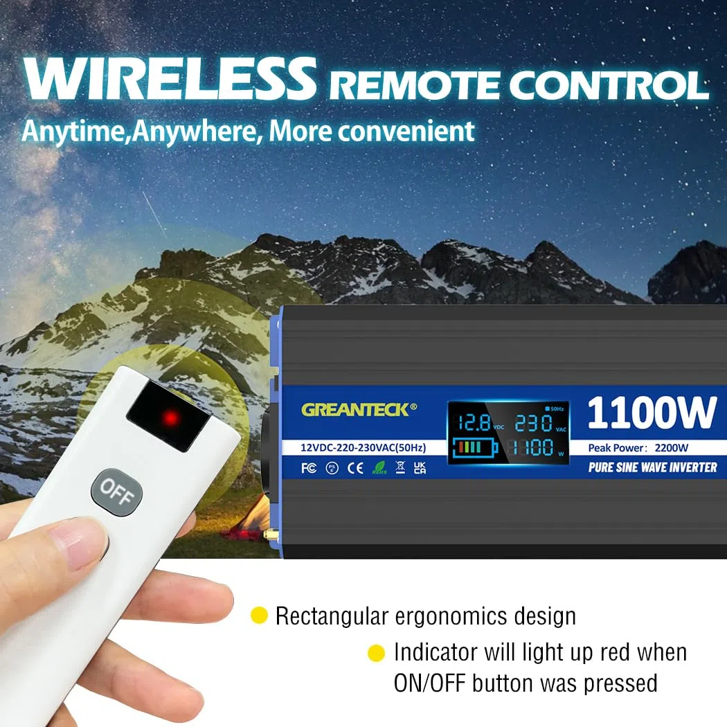 Wechselrichter 1100W Reiner Sinus 230V, Solar Wechselrichter mit Type-C, USB, LCD-Anzeige, Fernbedienung, EU-Steckdosen