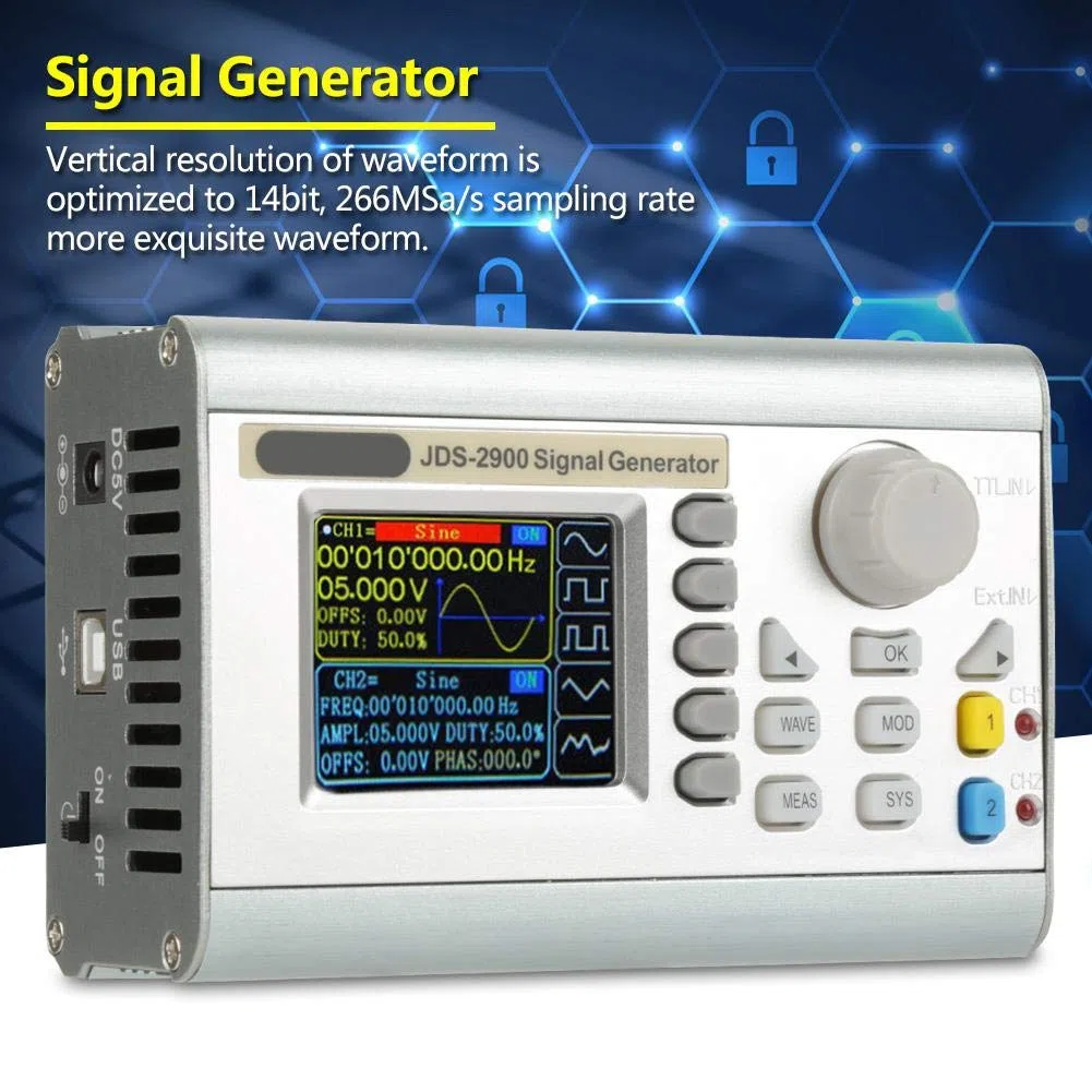 Akozon Compteur de générateur de signaux DDS JDS2900 Compteur de fréquence de générateur de fonction de forme d'onde arbitraire double canal haute précision 266MSa/s(15MHz EU Plug)