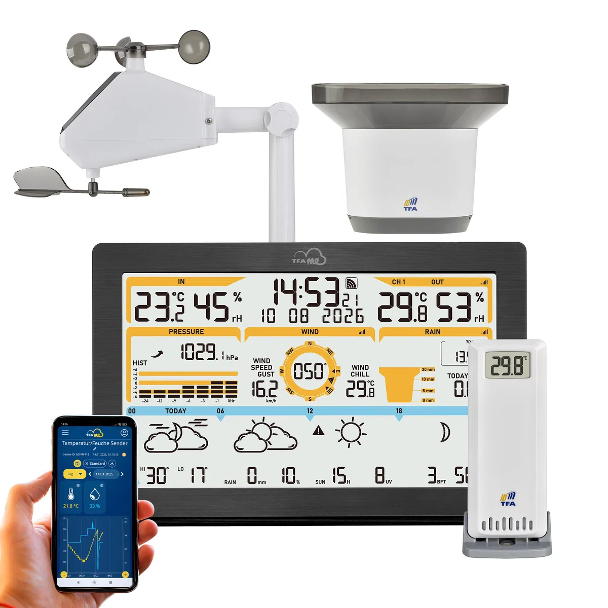 TFA Dostmann Station météo sans fil TFA.me ID-05, 8-en-1, 35.8106, prévisions météo profi wetter.com 4 jours, portail en ligne, avec capteur vent-pluie-température-humidité, alertes météo, noir