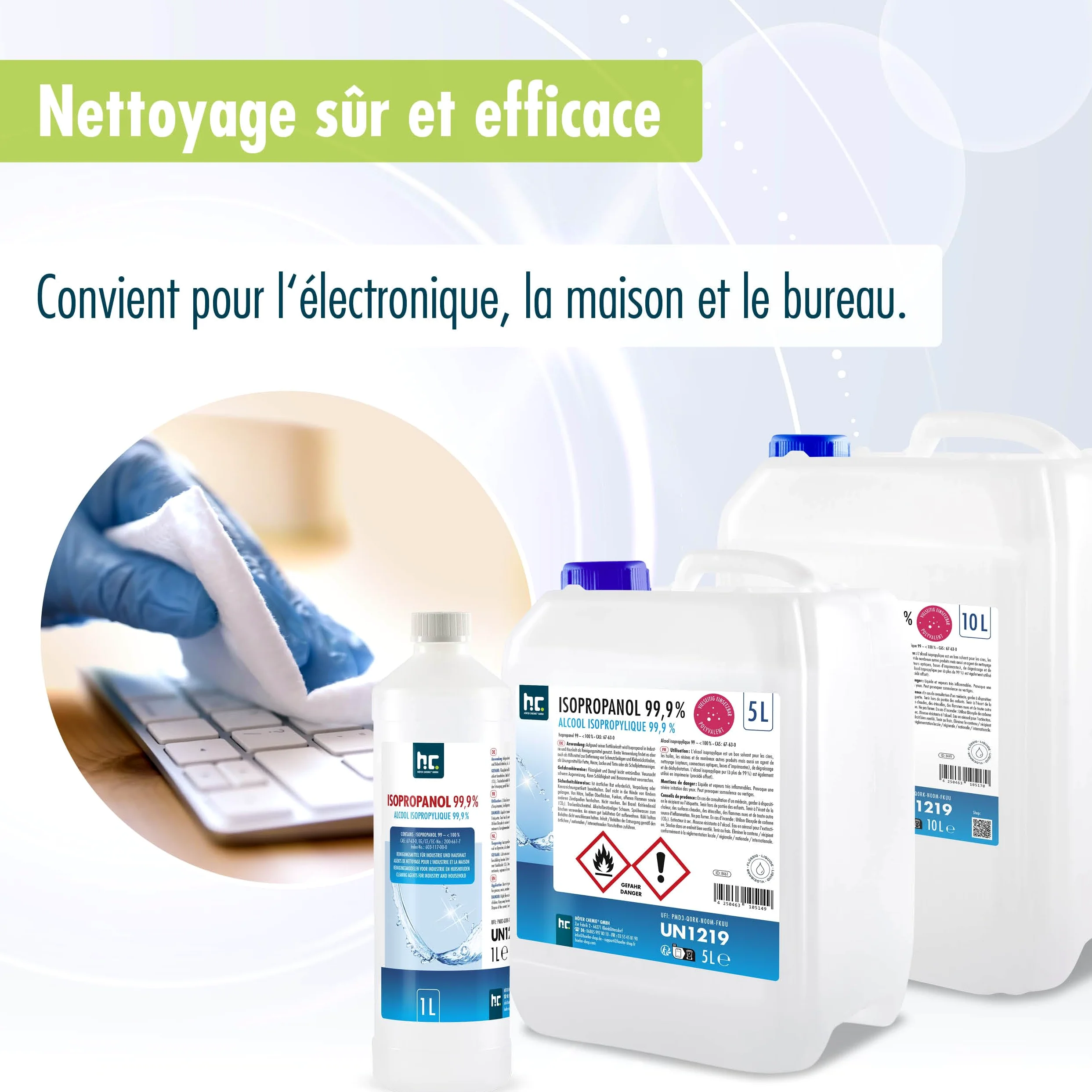 Höfer Chemie Isopropanol 99,9% (IPA) 4 X 5 L - Alcool Ispopropylique pour Nettoyer et Dégraisser - Solvant Puissant - Polyvalent