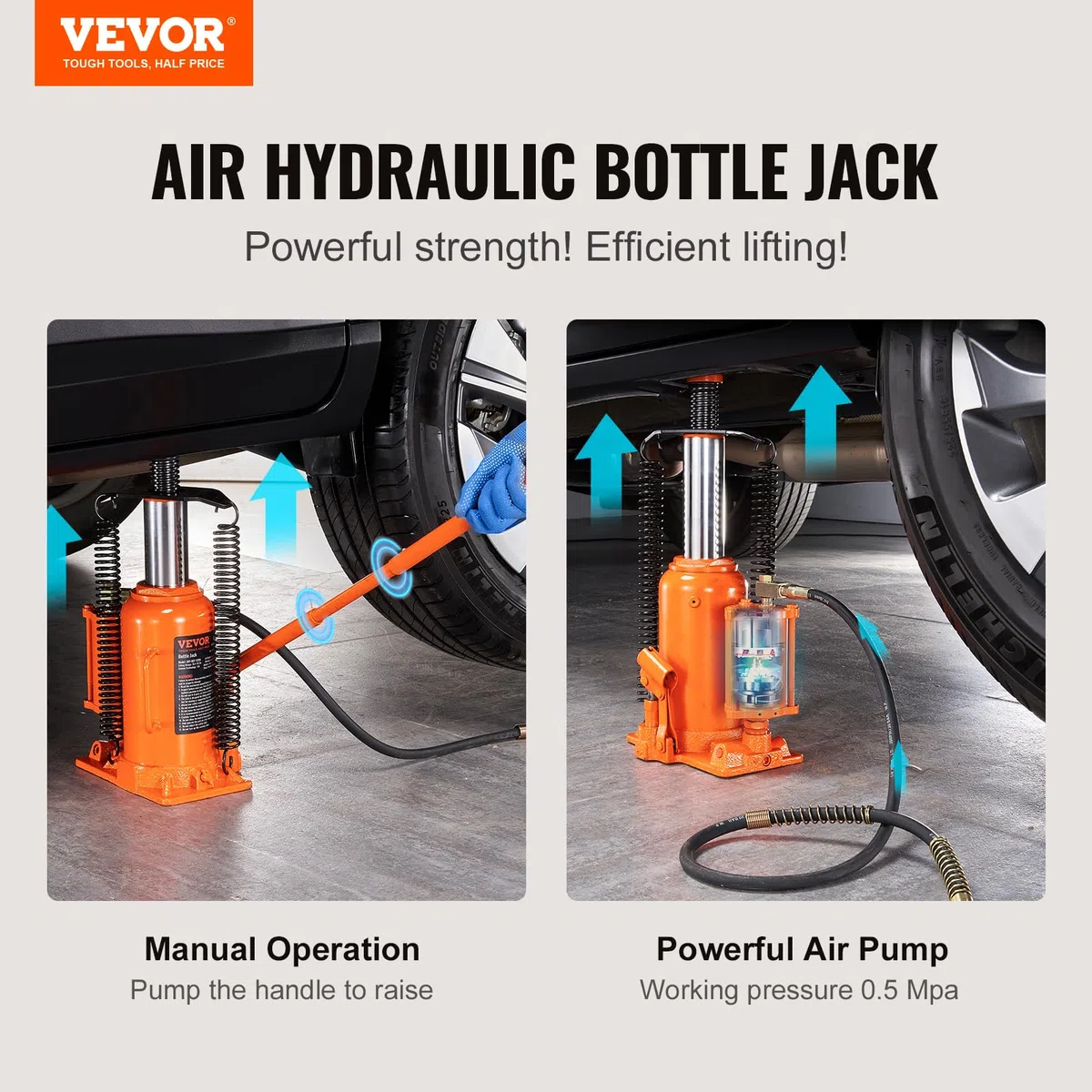 VEVOR Cric Bouteille Hydraulique 20 T Gamme de Levage 265-500 mm Cric de Levage Hydraulique et Pneumatique Pression 0,5 MPa pour Levage Descente Voitures Automobiles Machines Lourdes Atelier Garage