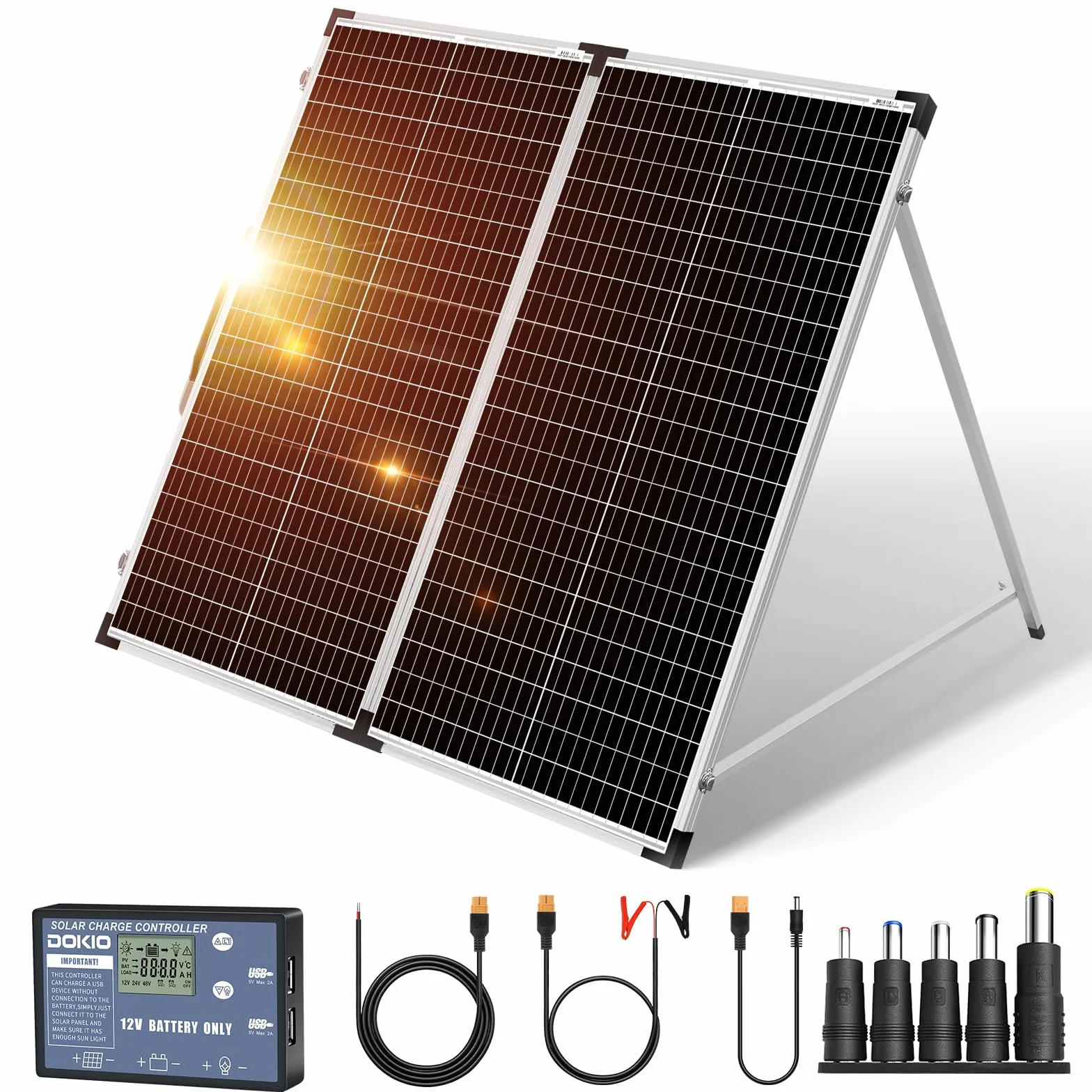 DOKIO 160W 18V Panneau Solaire Pliable Portable | pour batteries 12V avec régulateur de charge solaire (2 ports USB) + sac de transport